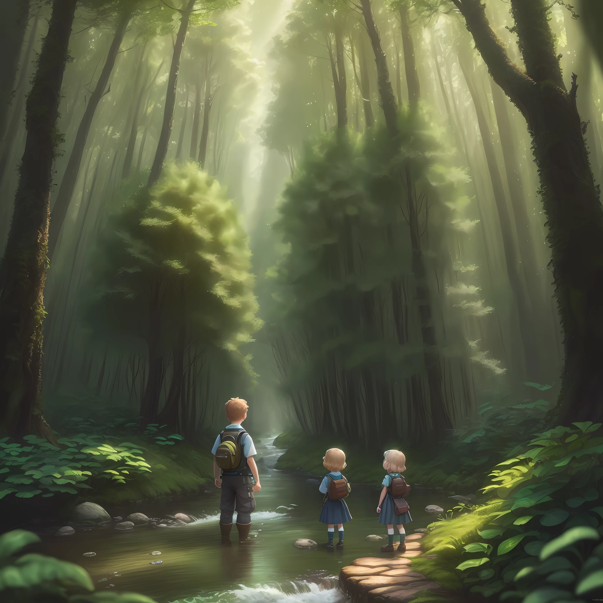 (extremely detailed CG unit 8k wallpaper, best quality, masterpiece), (forest, depth of field, airy) 3 children, curious and explorers, solving mysteries, Lucas, Sofia, Pedro, adventure, forest, curious, brave, mysterious, solve, save, enchanted, explore, curious, strange, rescue, investigate, toxic, river, city, clean, plants, animals.