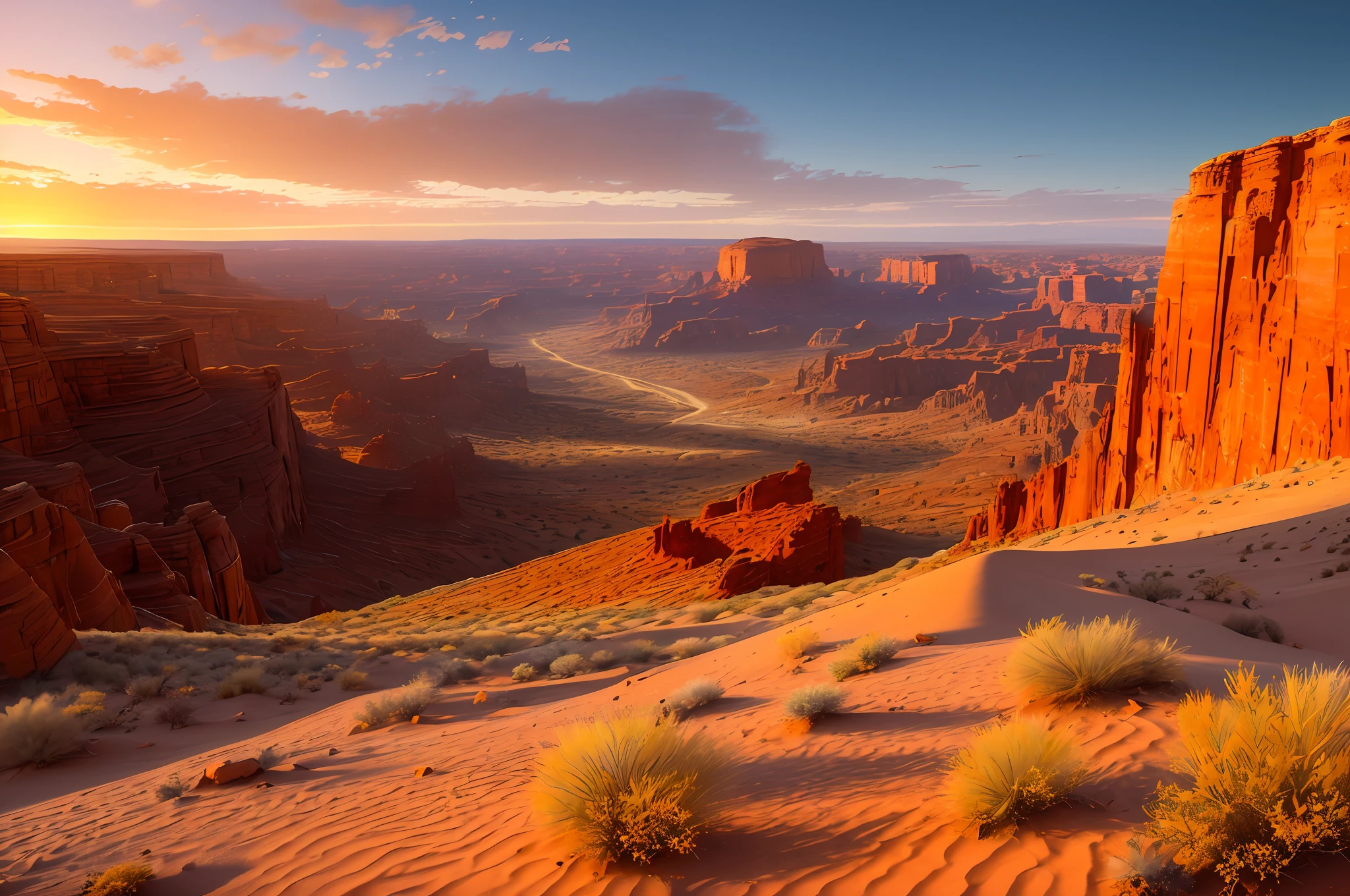 Best quality, ultra-detailed, masterpiece illustration of the "Red Valley Desert", with vibrant red and orange sand tones, craggy rock formations and rugged cliffs, towering dunes in the distance, and a solitary figure in a tattered and dust-covered outfit standing in the foreground. Use dynamic camera angle and lighting to bring out the depth and scale of the desert landscape.