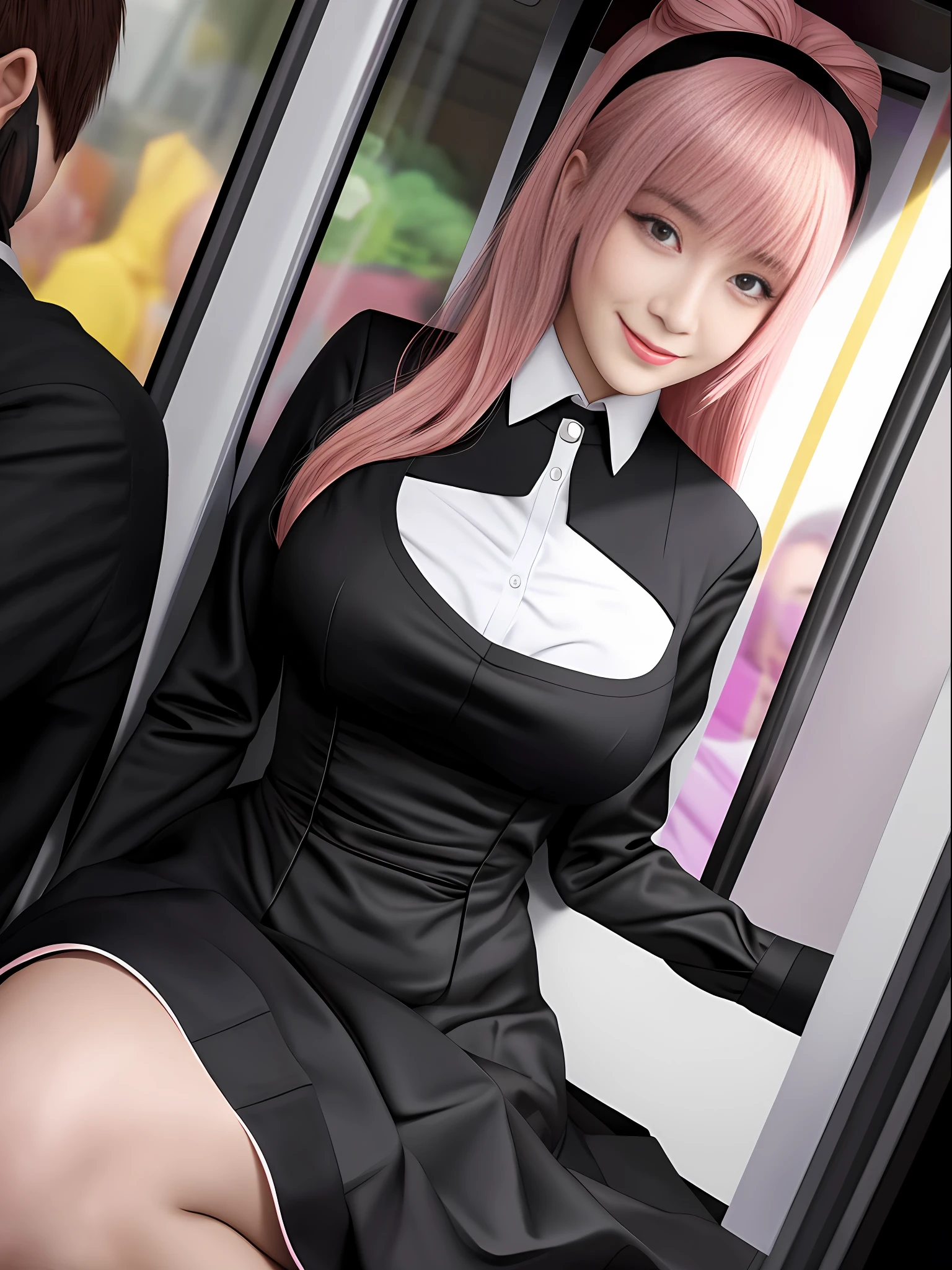 1 woman with extremely tight maid clothes on her body and several men, inside a bus, she is being squeezed by all of them, she is being imposed on the corner of the bus, she is smiling looking at the viewer, pink hair, mask removed, yellow eyes, fume, Impressionism, Pixar, film grain, high details, masterpiece, high quality