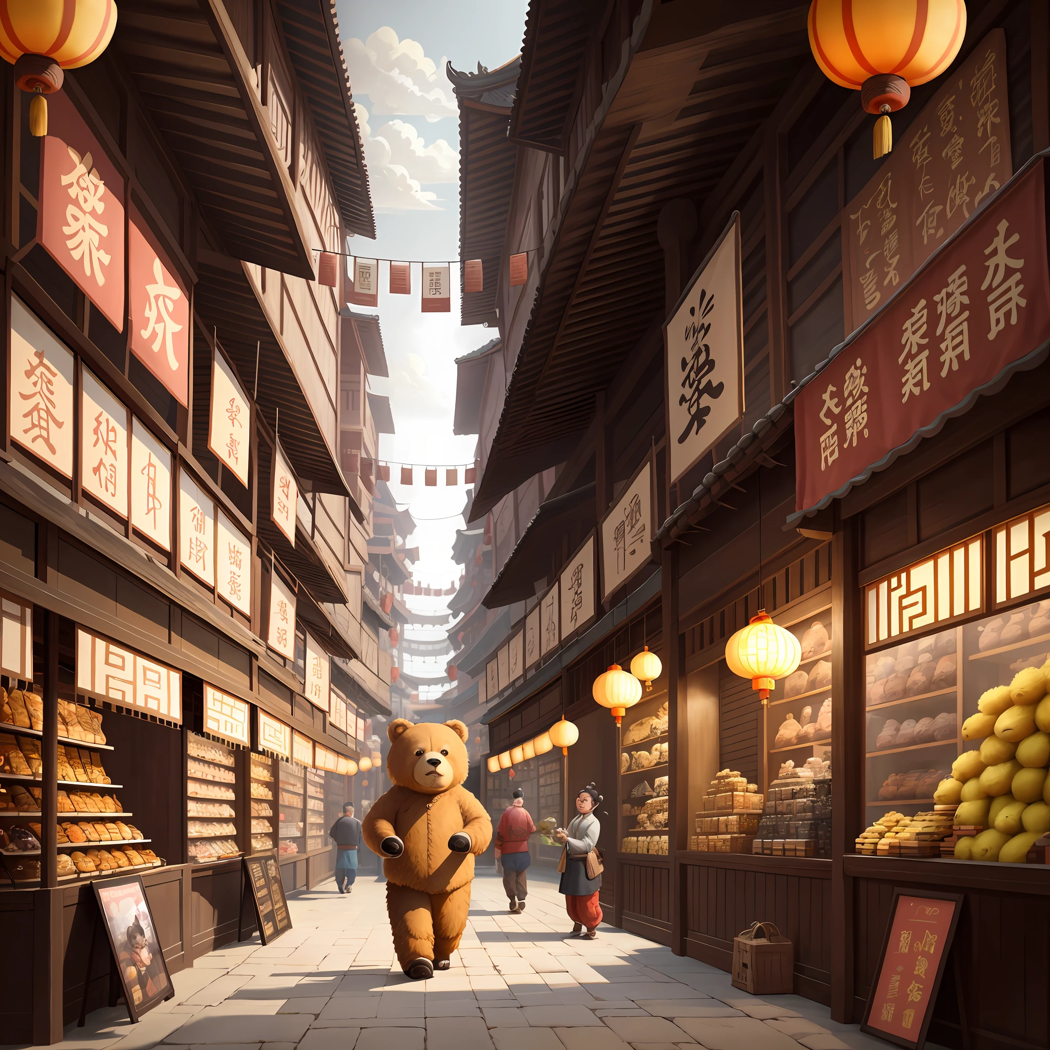 A bear with brown and gray cartoon characters in the ancient Chinese form market, realistic 3D virtual cartoon animals, lively ancient Chinese version of the market, ancient Chinese architectural style house, highly detailed digital painting, various cartoon characters in the bazaar, beautiful digital artwork expression full of joy