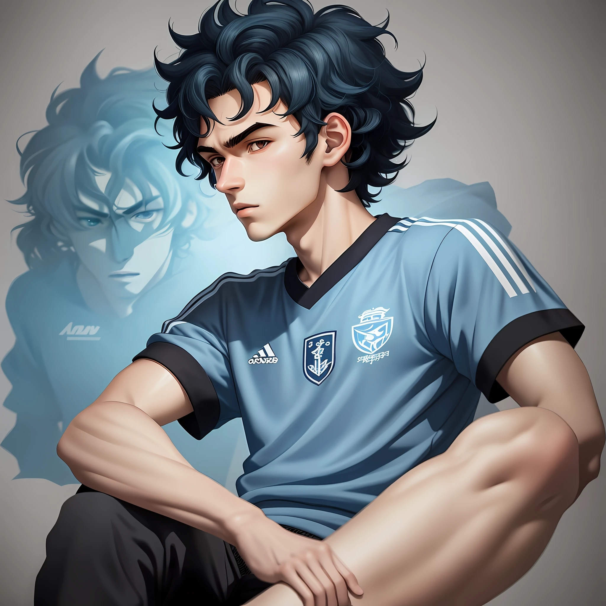 2d illustration portrait in (anime style) of a 1player soccer boy short curly hair blue color 18 year old appearance thin lips, pale skin and imposing posture