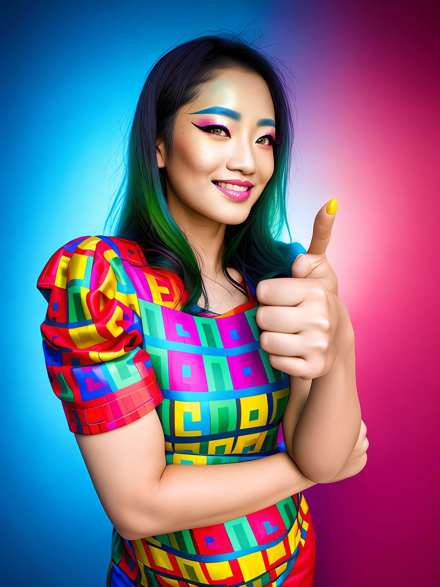 beautiful asian lady, freckles, brilliant glitter makeup, (red and blue and yellow and green and vitiligo skin: 1.5), perfect sexy breasts, hyperdetailed photography, soft light, head and breast portrait, cover,, best quality, (detailed beautiful face, detail skin texture, ultra-detailed body:1.1)