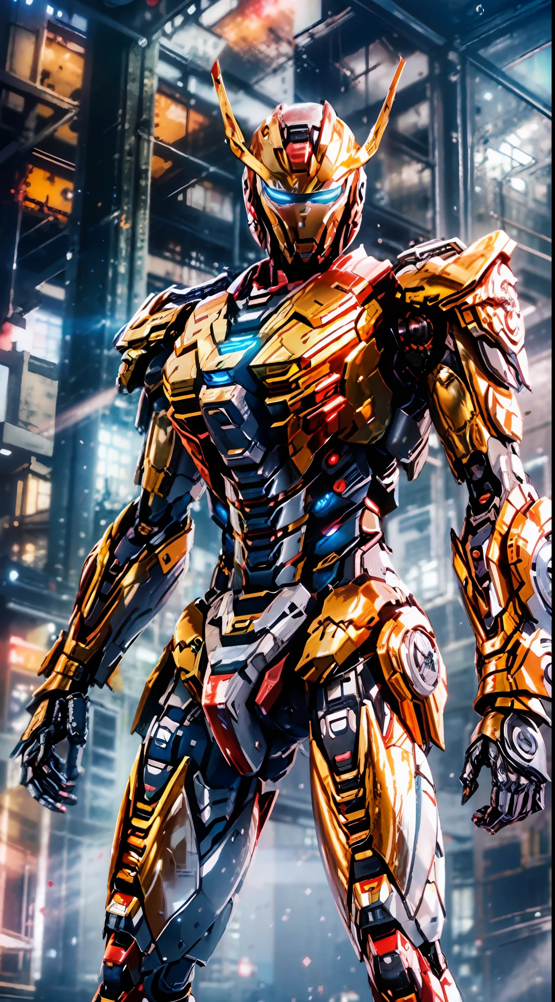 RAW, Masterpiece, Ultra Fine Photo,, Best Quality, Ultra High Resolution, Photorealistic, Sunlight, Full Body Portrait, Stunningly Beautiful,, Dynamic Poses, Delicate Face, Vibrant Eyes, (Side View) , she is wearing a futuristic Iron Man mech, red and gold color scheme, highly detailed abandoned warehouse background, detailed face, detailed and complex busy background, messy, gorgeous, milky white, high detailed skin, realistic skin details, visible pores , sharp focus, volumetric fog, 8k uhd, dslr camera, high quality, film grain, fair skin, photorealism, lomography, sprawling metropolis in futuristic dystopia, view from below, translucent