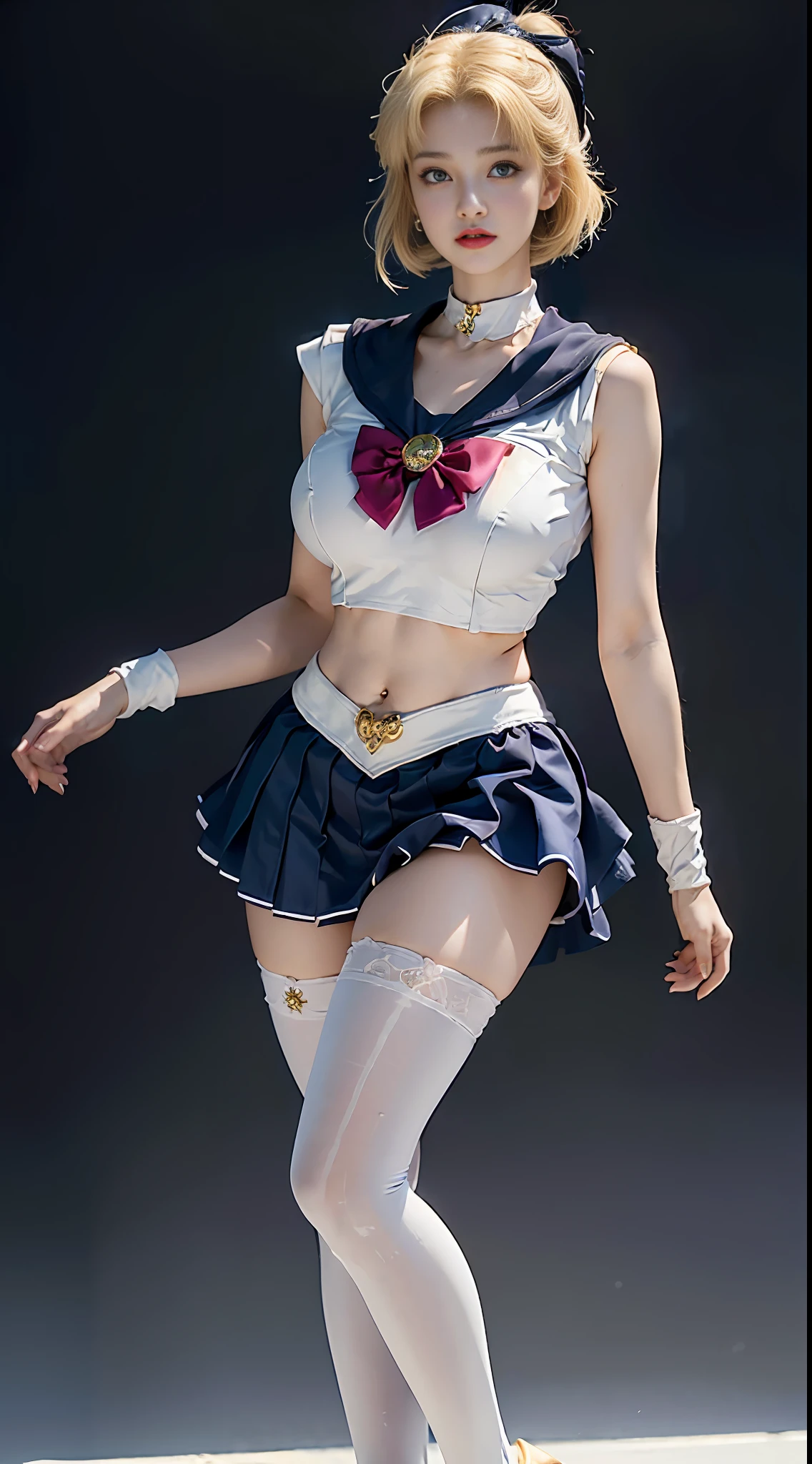 ((Sailor Moon costume: 8)) from Sailor Moon, Best Quality, Ultra High Resolution, Masterpiece, (Realisticity: 1.6), 16K, (1girl with open navel), (Prominent chest, thick thighs), (Short blue skirt: 1.3, Blonde hair color: 1.3, White stockings), random pose, ridiculous figure, black background