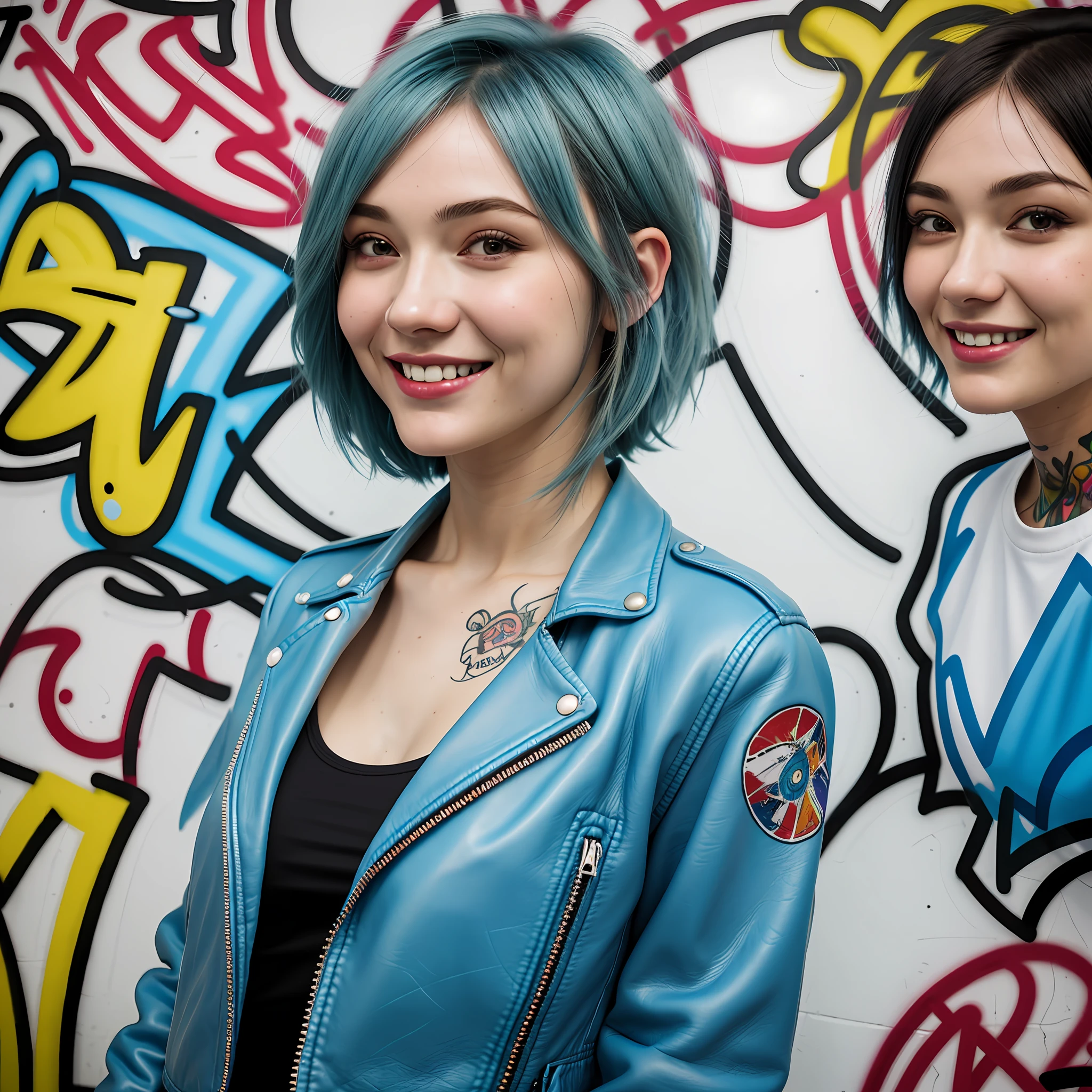 (best quality, masterpiece, realistic, detailed), 8k CG, perfect artwork,blue hair, messy Bob haircut, brown eye, little angel tattoo on left front shoulder,ectemorph body type, small breasts, medium butt, dressed, casual wear, face with smile, colorful graffiti in front of the wall,leather jacket, skin white, full body, white crop, not nude, blue hair, 1 girl