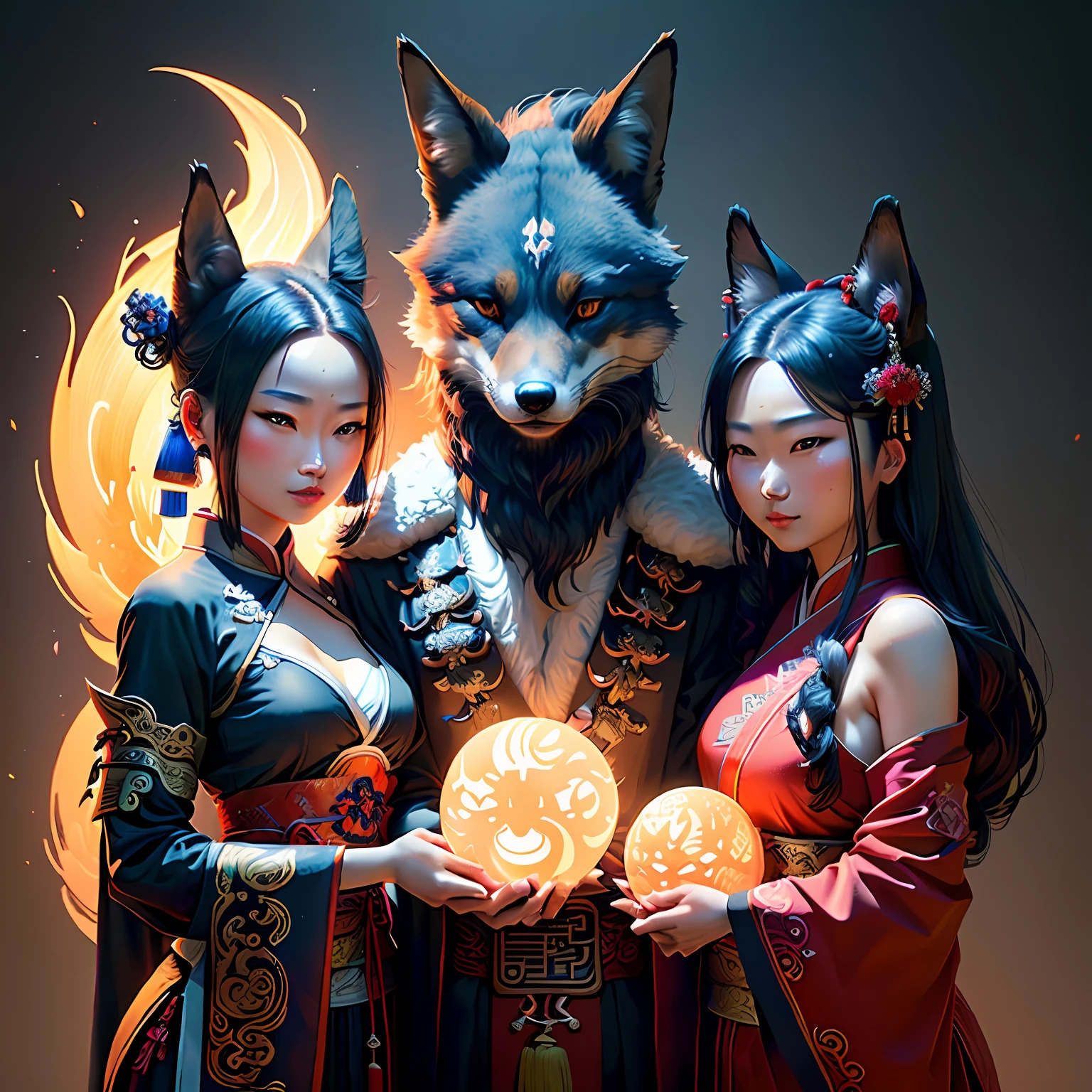 Shiba Inu, anthropomorphic, three-headed body, chef, sushi