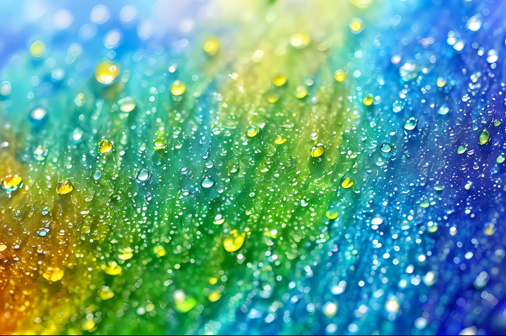 (ultra-detailed CG, nature abstract, colorful water drops macro background) floating, (wide shot, dynamic angle),(blue:1.3)+(yellow:1.2)+(green:1.2) drops of water, (high saturation, best illumination), (depth of field, blue splashing), (volumetric light, watercolor)