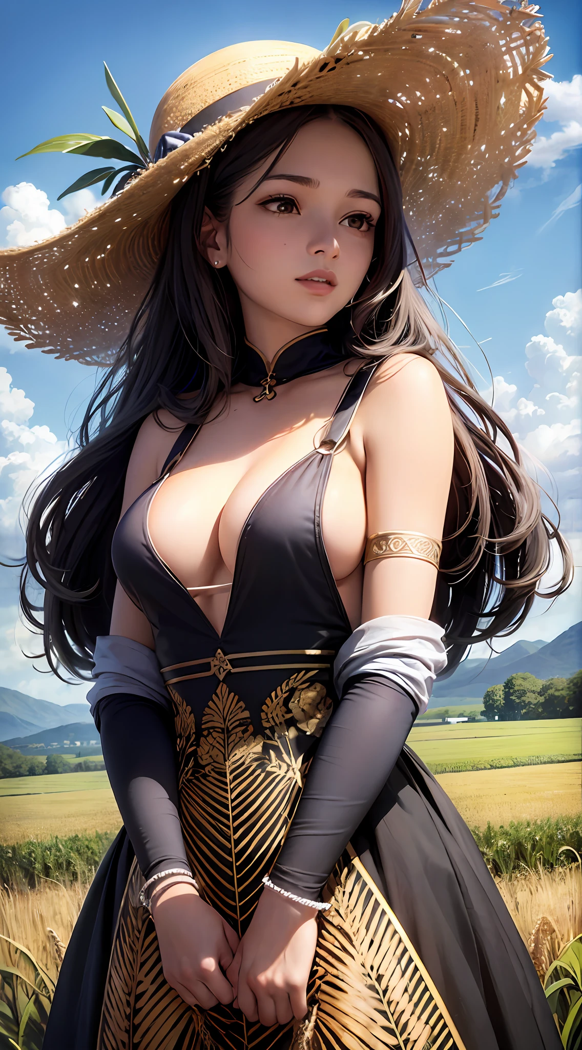 Wheat field, a beautiful black woman harvesting rice, sexy, long and curly hair, vintage style, thomas Rockwell style, with a straw hat standing in a wheat field, big clouds, blue sky, rice field, neat rice seedlings in the field, forest, hillside, secluded, rural, HD detail, hyper-detail, cinematic, surrealism, soft light, deep field focus bokeh, ray tracing and surrealism. The illustration is in high definition at 4k resolution, with highly-detailed facial features and cartoon-style visuals. --v6