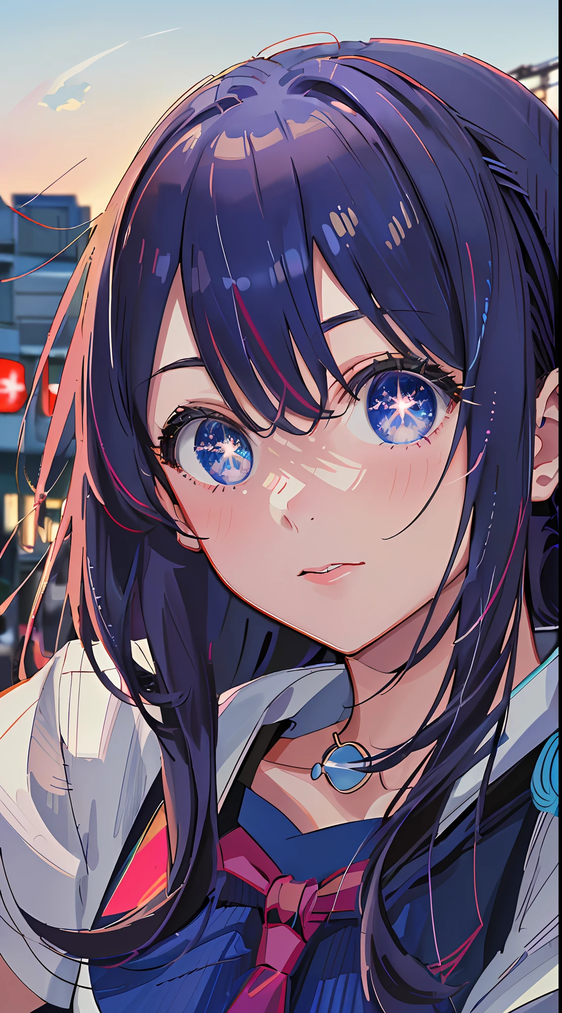 (((masterpiece: 1.5, best quality, high resolution: 1.3, super resolution, super detailed, ultra detailed:1.3, rich background:1.2))), ((face close up)), 1girl, solo, green eyes, blonde long hair tied with blue ribbon, blunt bangs, cute hairpin, school uniform, white serafuku, red sailor collar, short sleeves, blue pleated skirt, (outdoor), ((downtown)), (crowd), ((japan vibes: 1.3)), scenery, ((nighttime)), dark, (lowlight: 1.1), moon, (moonlight: 1.2), ((dynamic light: 1.4))