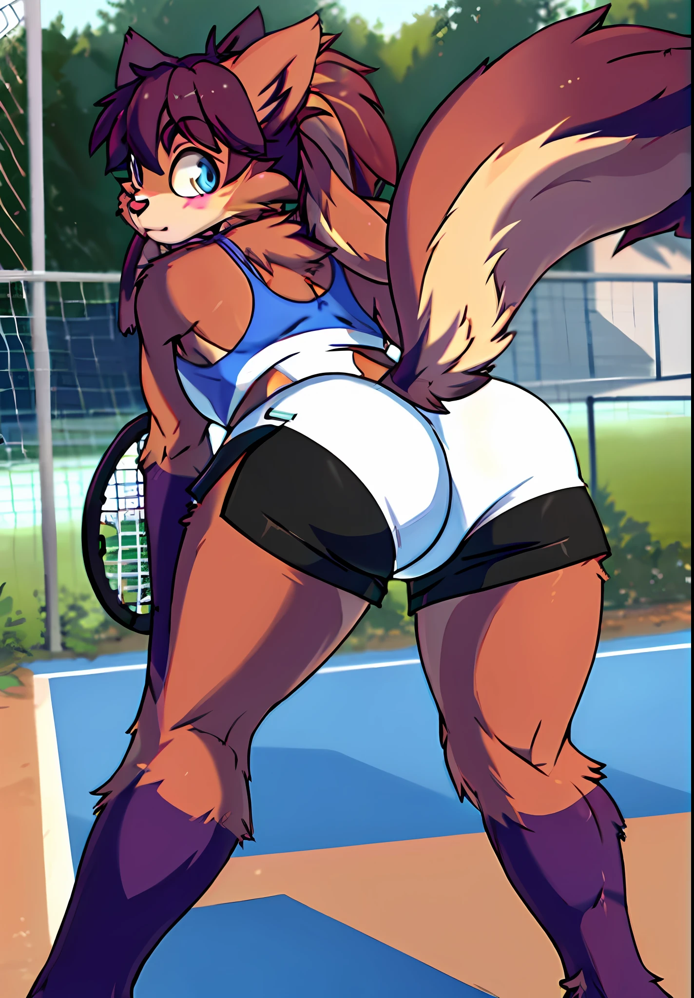 1 girl, medium breasts, Lop, playing tennis, tank top, tight shorts, (furry: 1.5), 2 long ears, back view, bending over, cute butt