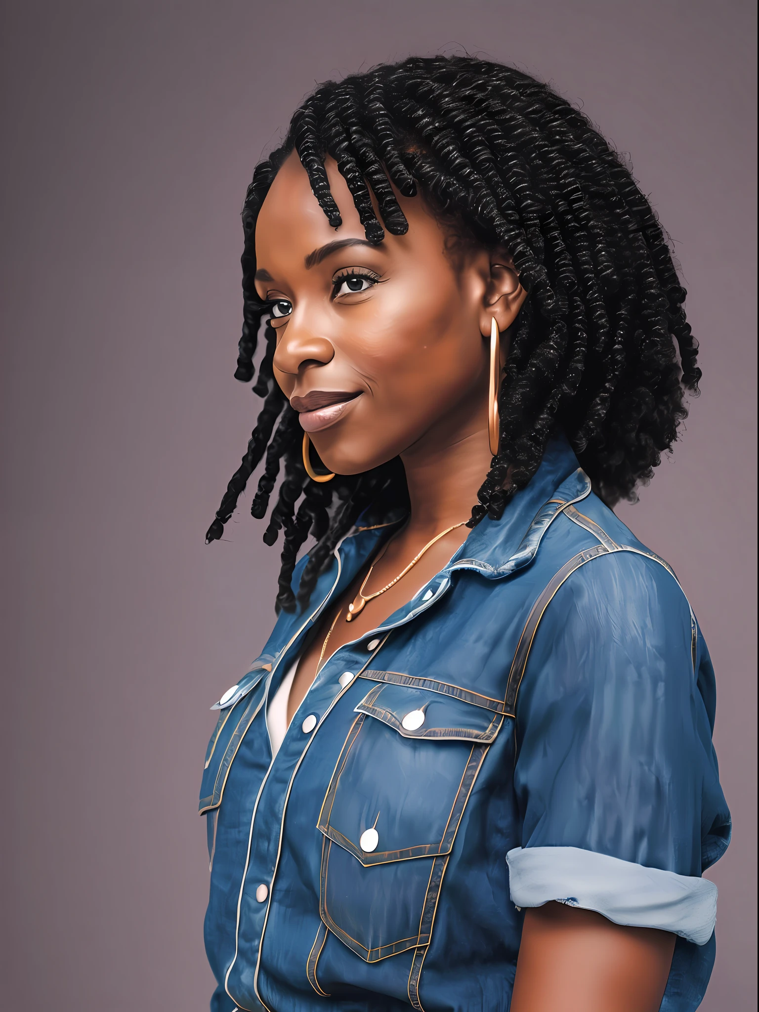 a woman that is smiling and wearing a denim shirt, A BLACK WOMAN portrait, profile image, profile picture, facing camera, headshot profile picture, photo portrait, closeup headshot, by Ella Guru, profile shot, portrait sabrina lloyd, imane anys, portait photo, profile pic, épaule devant pose, photo of a black woman, sketching style, soft colors, no background, cinematic lights