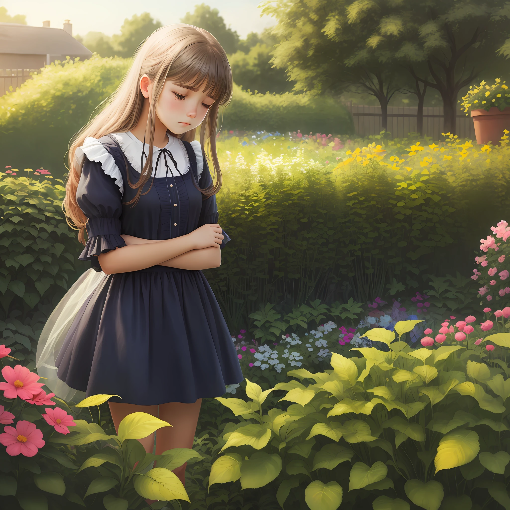 a beautiful girl being sad in the garden