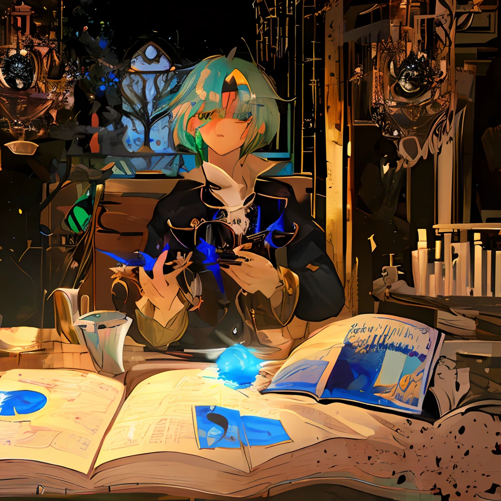 death, blood, night, dark, (fantasy), infinite, deep blue sky, the abyss of knowledge, knowledge, ((masterpiece)), ((best quality))), ((best quality))), ((beautiful detailed eyes)), (eyelashes), monster, (1 boy), short hair, green hair, eyes of abyss, shiny skin, oil, small chest, (bird body, feather), wearing rags, tzeentch, elf, extremely detailed CG unit 8k wallpaper,  masterpiece, ((ultra-detailed)), ((illustration)), colorful, wallpaper, energy, unknown terror, arcane, around magic, fence magic, magic stick, book, pages flying all over the sky, know everything, predicting the future, know the past, infinite wisdom, blue flame, sorcerer, magic circle, pentagram, incantation, mantra, singing magic, solo, 1 boy