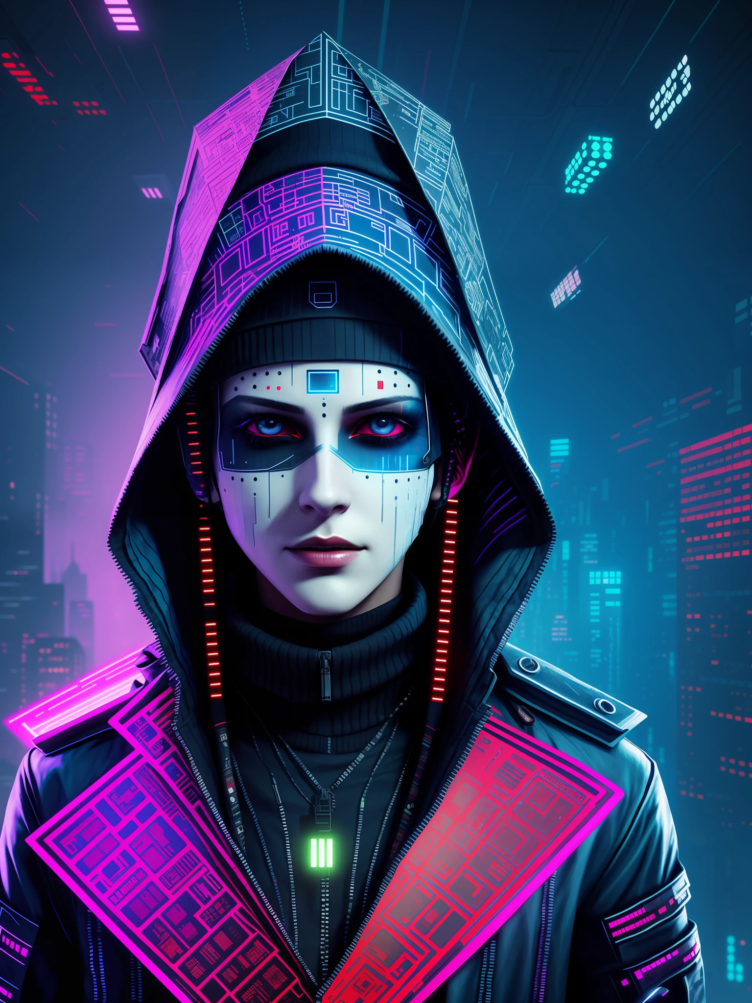 a technomancer in the style of horror-business punk, dressed in crumpled multi-layered textured clothes, a ritual mask, a virtual digital city of binary code, a fascinating data stream of a barcode with a dot matrix, generating artistic patterns, ultra-sharp intricate details, cinematic lighting