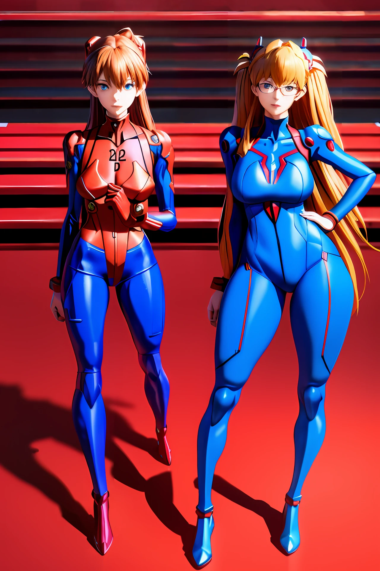 araffe dressed in a blue and red outfit posing on a stair, rendered in sfm, full body zenkai! asuka suit, super detailed render, rendered in 4 k, asuka suit under clothes!, by Kentaro Miura, extremely detailed artgerm, sakimichan hdri, rogue anime girl ayanami rei, thicc