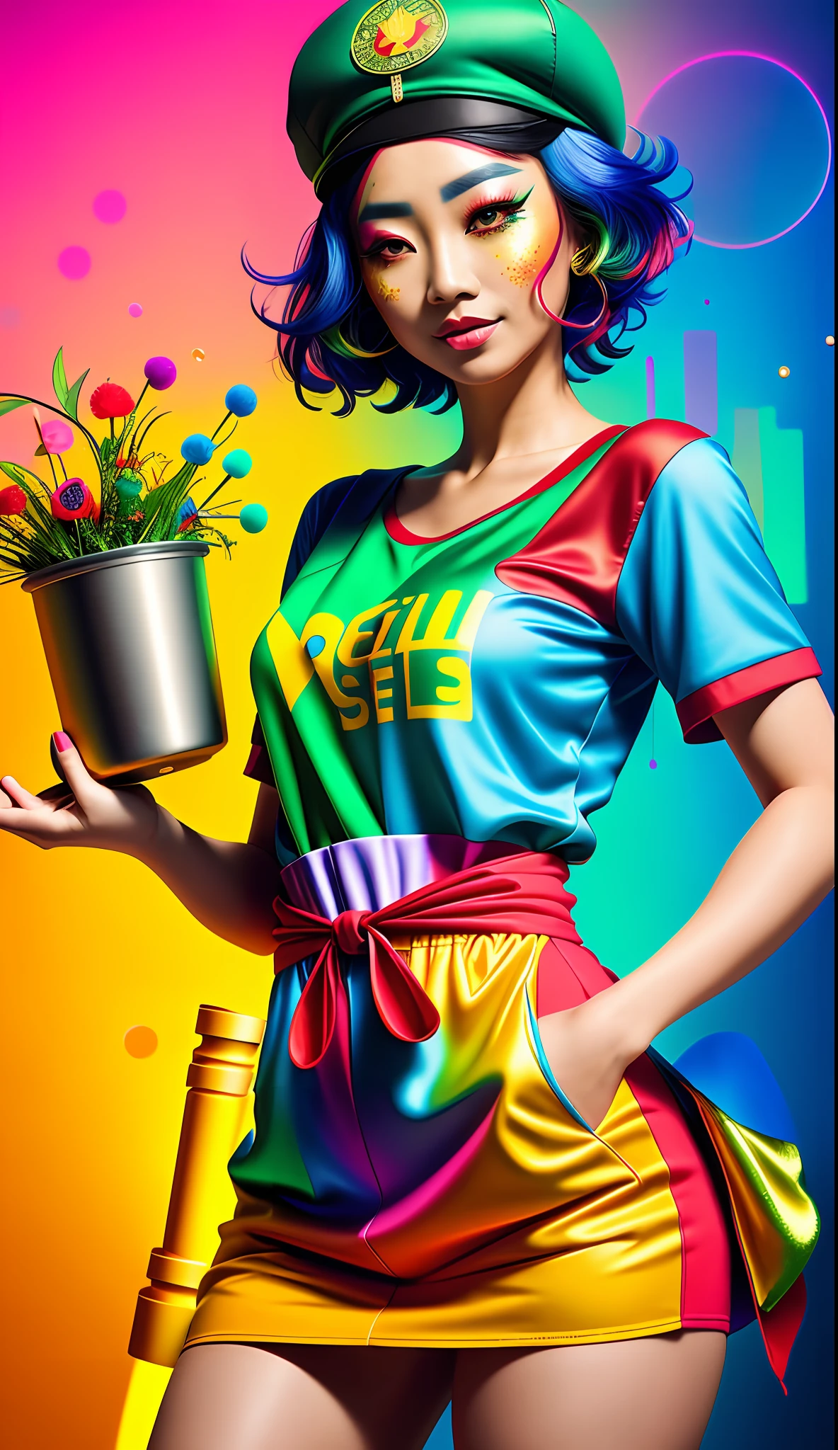 beautiful asian lady, freckles, brilliant glitter makeup, (red and blue and yellow and green and vitiligo skin: 1.5), perfect sexy breasts, hyperdetailed photography, soft light, head and breast portrait, cover,, best quality, (detailed beautiful face, detail skin texture, ultra-detailed body:1.1)
