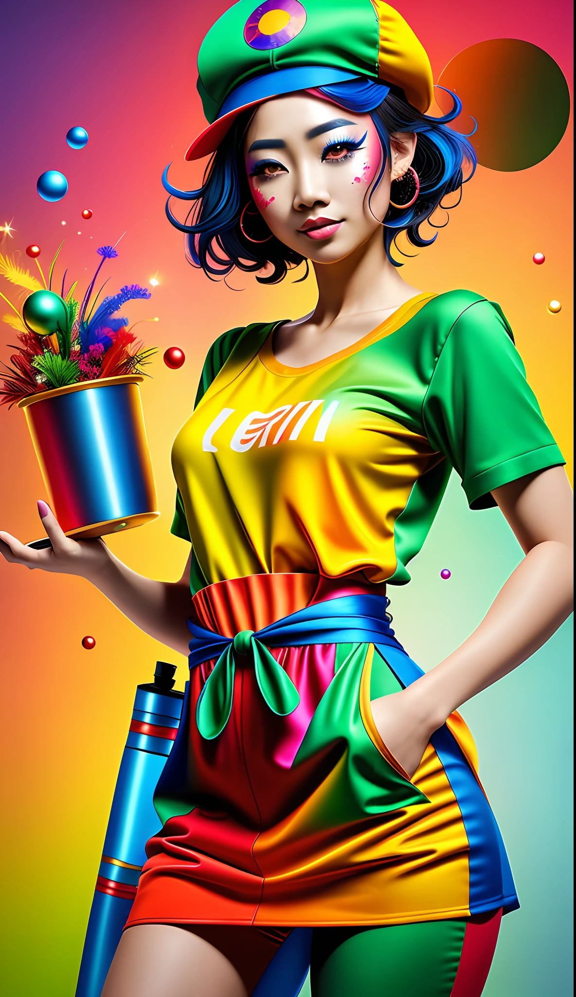 beautiful asian lady, freckles, brilliant glitter makeup, (red and blue and yellow and green and vitiligo skin: 1.5), perfect sexy breasts, hyperdetailed photography, soft light, head and breast portrait, cover,, best quality, (detailed beautiful face, detail skin texture, ultra-detailed body:1.1)