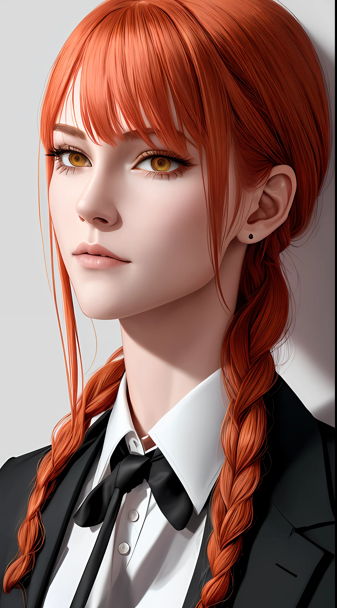 ((makima_\(chainsaw_man\))), solo, chainsaw_man, 1girl, red_hair, [orange_hair], [pink_hair], medium_hair, ((ringed_eyes)), yellow_eyes, braided_ponytail, braid, [suit], white shirt, black tie, office background, indoors, formal, medium_breasts, (official art), fantasy, masterpiece, best quality, (highres), absurdres, 4K, 8K, 16K, beautiful face, beautiful body, symmetrical face, gorgeous, deep eyes, realistic shaded, stunning, intricate, hyper-detailed, highly detailed, sharp, smooth, sharp focus, realistic, anime, manga