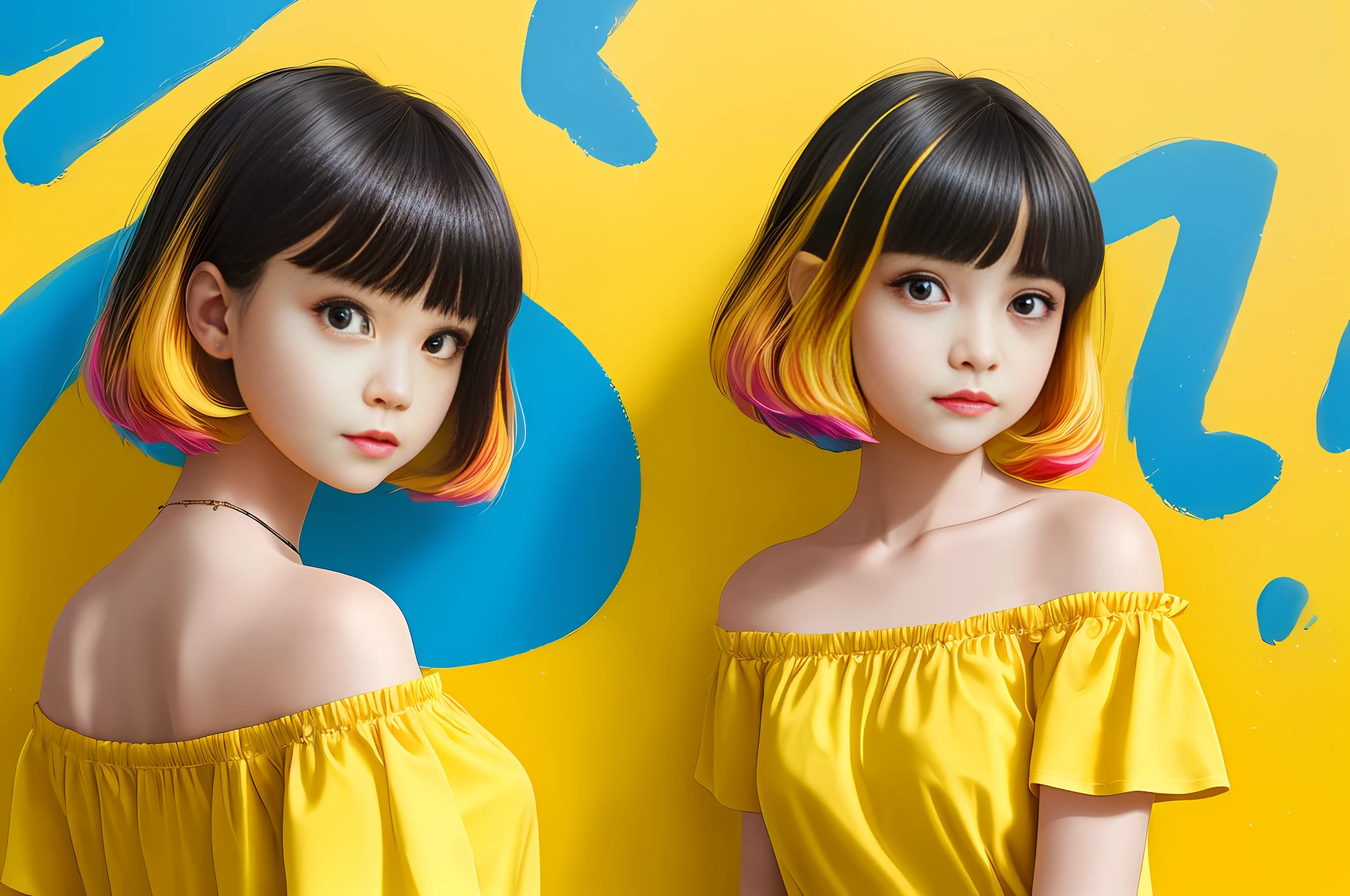 (extremely detailed, best quality, vivid and colorful) photo, a positively adorable girl with (bob hairstyle+off-shoulder shirt), impressed expression, (isolated on yellow background), staring at (unexpected discount), high saturation.