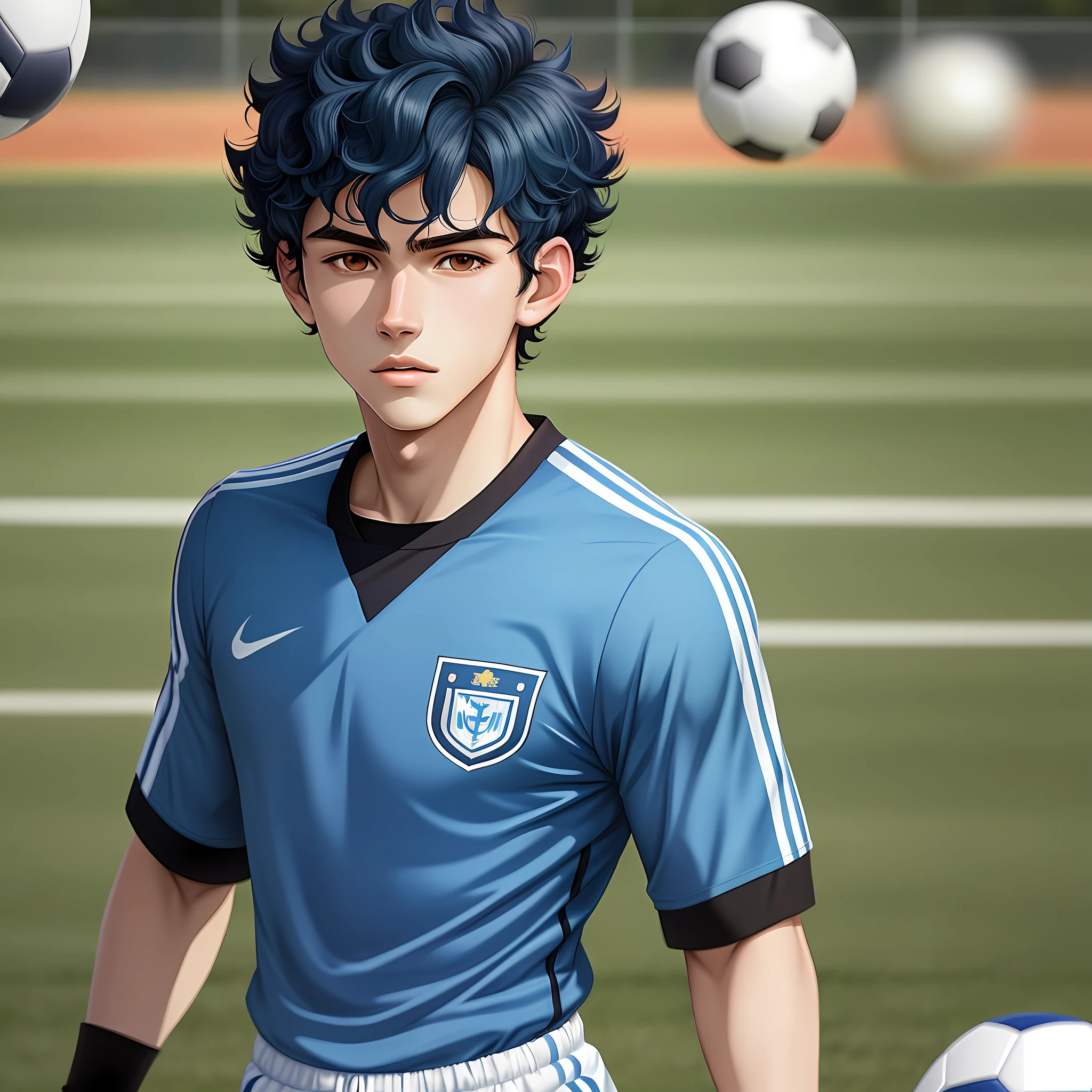 2d illustration portrait in (anime style) of a 1player soccer boy short curly hair blue color 18 year old appearance thin lips, pale skin, soccer field