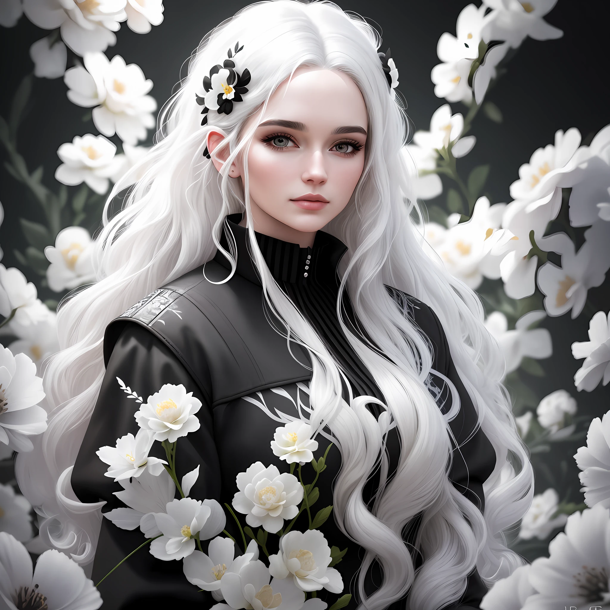 lr_rbn style, portrait of beautiful woman, 18 year wavy hair, white hair, flowers, nature details, black, black and white background, ink, spiral lines, award winning masterpiece, fantastically garish, octane aesthetic rendering, 8K HD resolution