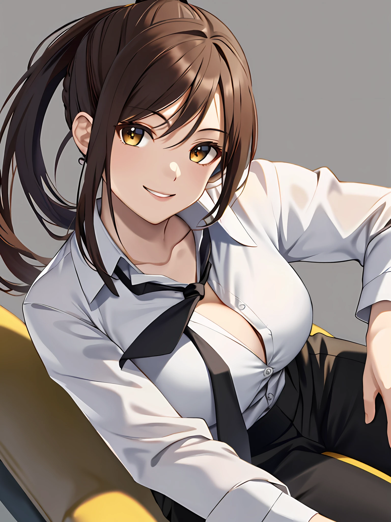 (hight quality: 1.2), (light:1.2), (gloss:0.5), ultra detailed fantasy, a detailed painting, 1girl,  bangs, (corneo_makima), black_necktie, black_pants, braid, braided_ponytail, breasts, brown_hair, ((impossible clothes)), collared_shirt, ((nsfw)), assertive female, ((cleavage)), eyebrows_visible_through_hair, formal, grey_background, light_smile, long_sleeves, looking_at_viewer, makima_\(chainsaw_man\), medium_breasts, medium_hair, necktie, pants, ringed_eyes, shirt, opened shirt, shirt_tucked_in, simple_background, smile, solo, yellow_eyes, Ultra detailed fantasy environment, [castle:cave:0.3], gyper realism,  8k, clearly worked out detail, intricate, cinematic