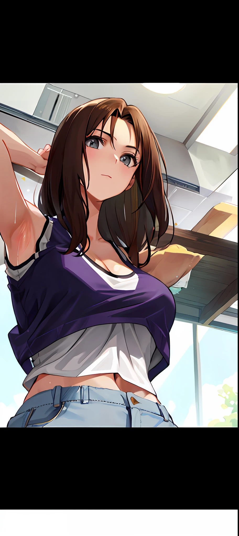 Brunette hair, breasts, (large)), shirts, camisole vests, sweat, armpits