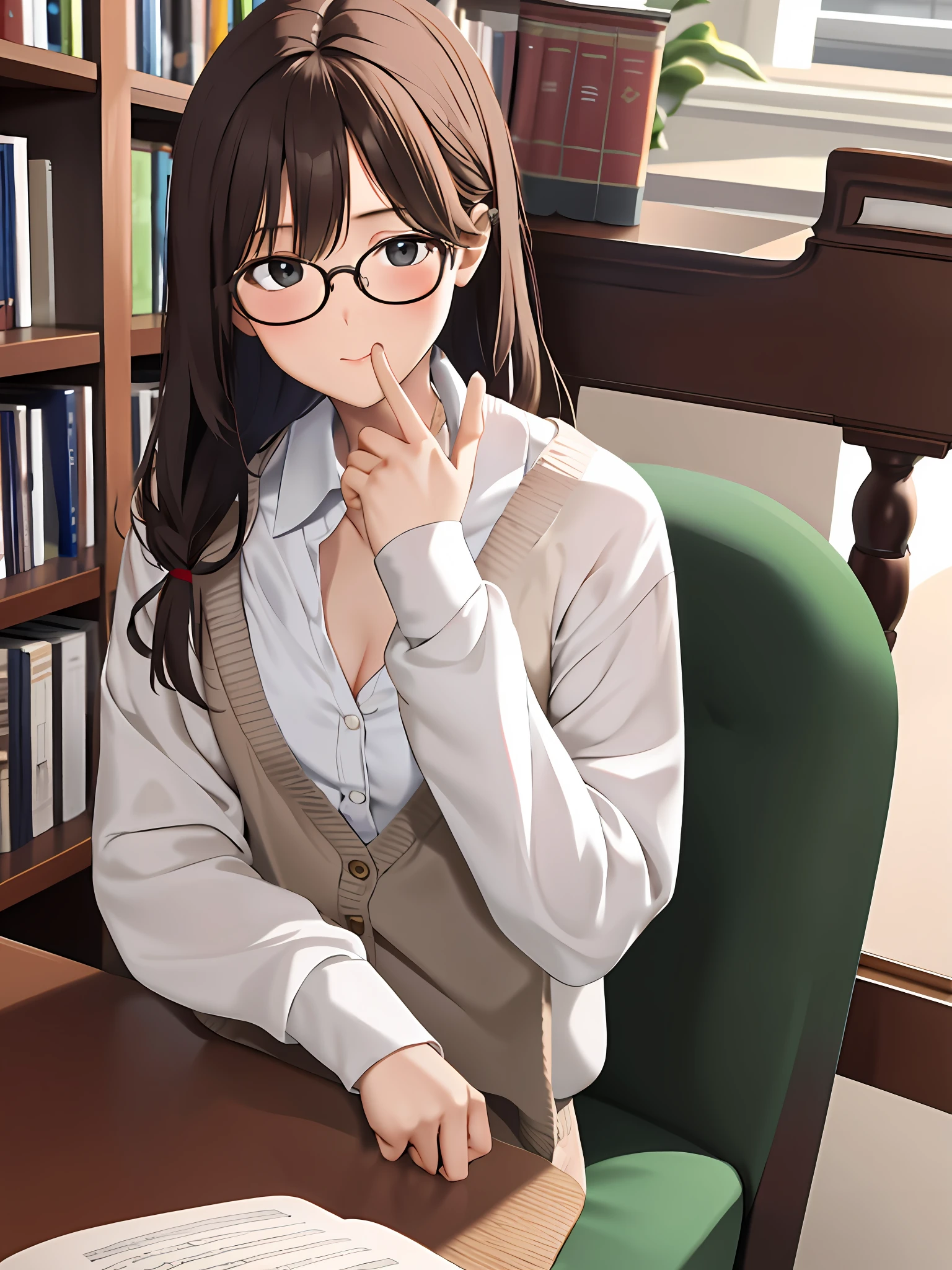 Masterpiece, Superb Detail, HD Detail, 1girl, Adult, White Shirt, Long Sleeves, Midchest Exposed, Shut Up Embarrassed Expression, Upper Body Nud, Sitting in the Library with Audience Eyes, Holding a Book with Glasses, Playing with Your Own Hair and Opening Cardigan, Mature and Sexy.