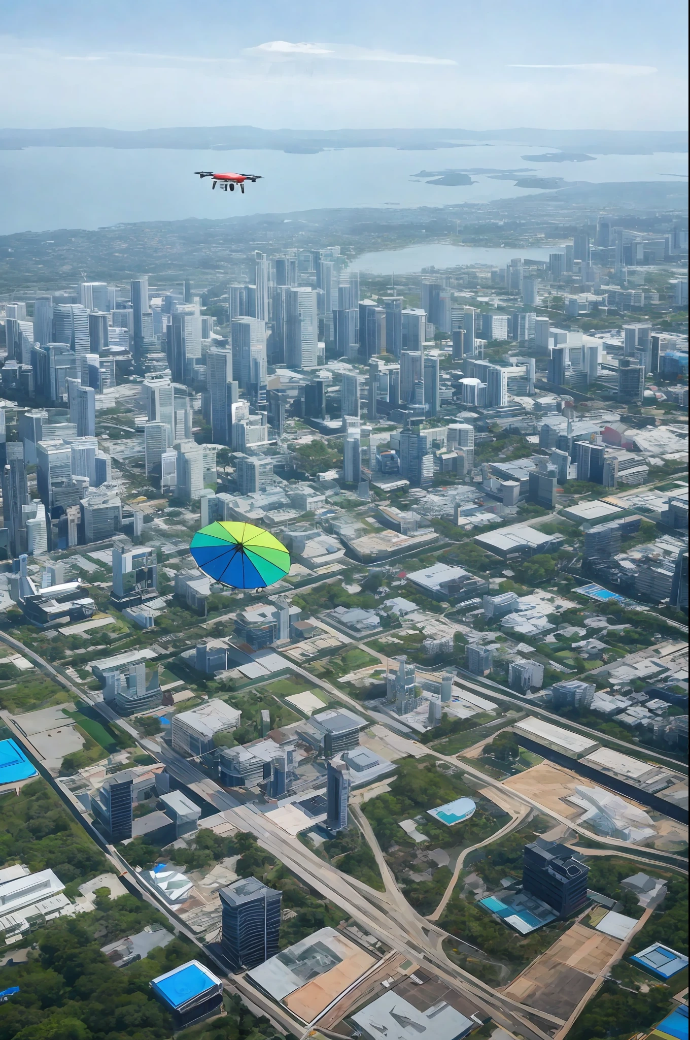 Standing in the middle of the board, oil-paper umbrella, drone with umbrella tied to it, flying in the air, resort, intelligent AI