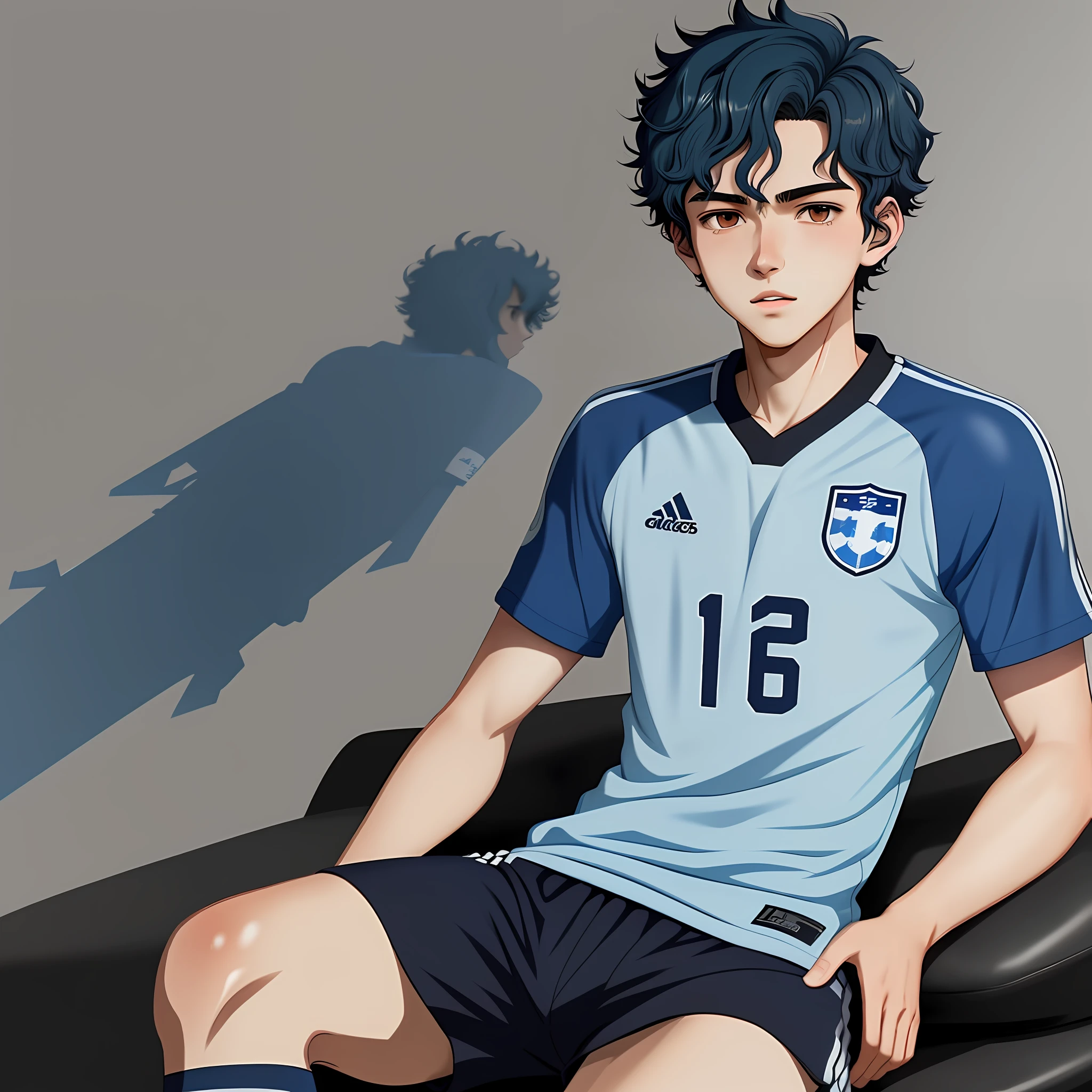 2d illustration portrait in (anime style) of a 1player soccer boy short curly hair blue color 18 year old appearance thin lips, pale skin, soccer field