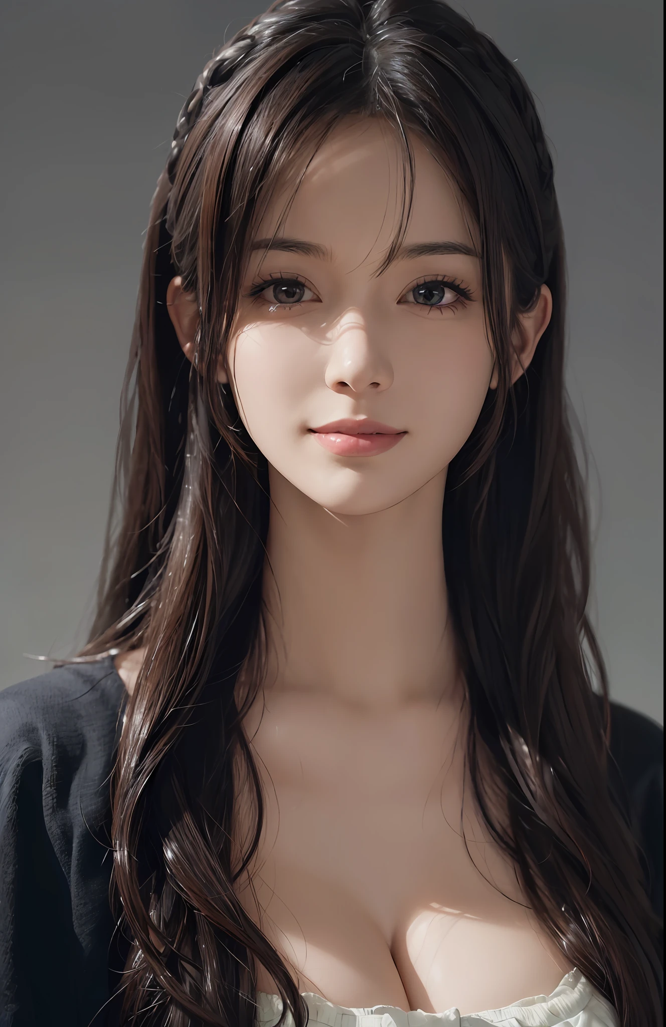 (Ultra Realistic), (Illustration), (Increased Resolution), (8K), (Extremely Detailed), (Best Illustration), (Beautiful and Detailed Eyes), (Best Quality), (Ultra Detailed), (Masterpiece ), ( wallpaper), (detailed face), solo, 1 girl, looking at viewer, fine details, detailed face, in the dark, deep shadows, low key, pureerosfaceace_v1, smiling, long hair, black shawl straight hair , 46 points oblique bangs