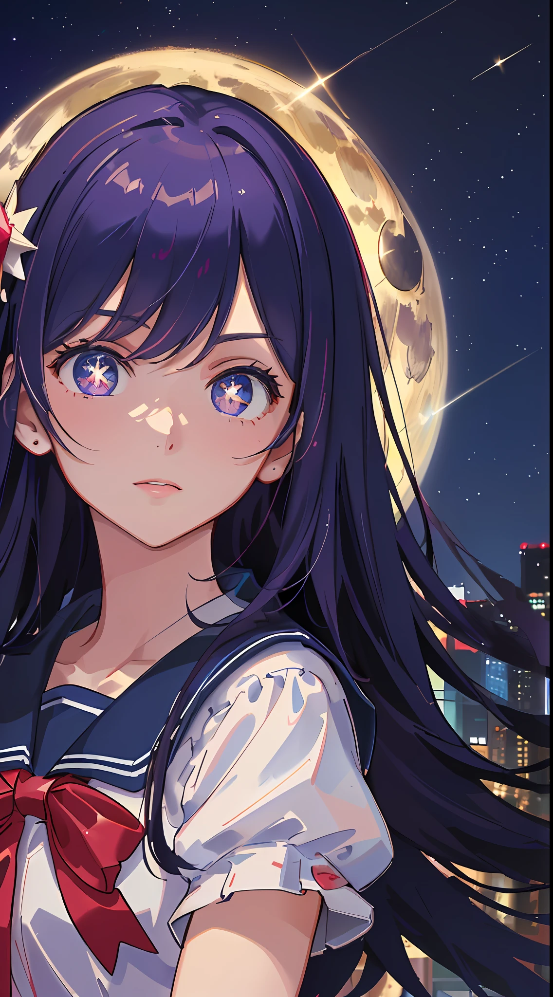 (((masterpiece: 1.5, best quality, high resolution: 1.3, super resolution, super detailed, ultra detailed:1.3, rich background:1.2))), ((face close up)), 1girl, solo, school uniform, white serafuku, red sailor collar, short sleeves, blue pleated skirt, (outdoor), ((downtown)), (crowd), ((japan vibes: 1.3)), scenery, ((nighttime)), dark, (lowlight: 1.1), moon, (moonlight: 1.2), ((dynamic light: 1.4))