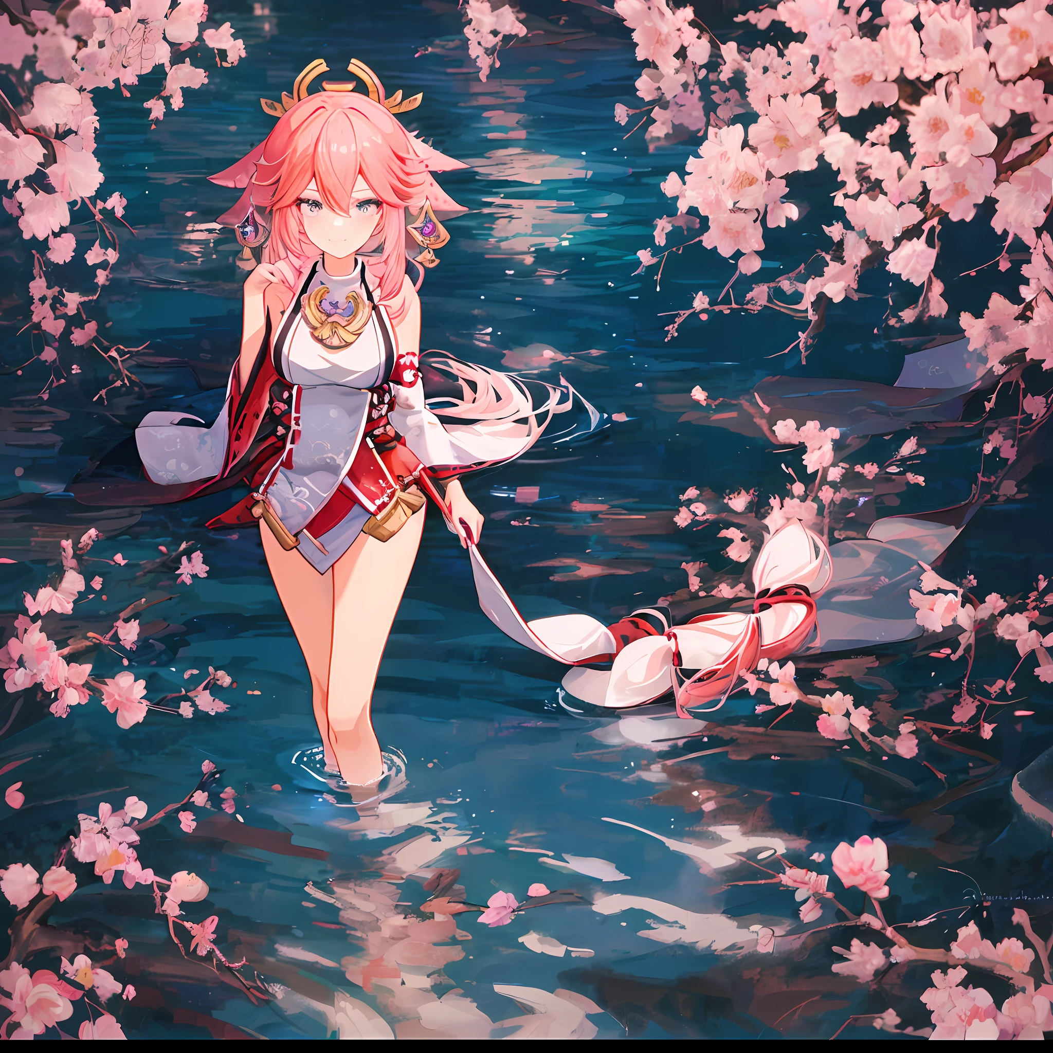 High quality, 4k, rich details, Japanese style art style, 1girl unique coquettish, kimono bare shoulder beauty, perfect display of thighs and cleavage, Yae Miko style, shrine at night, smile with a fan in hand, fox eartail and collarbone, long hair shawl emanated, soft pink long hair, sexy side breasts and fox tail, lying still on the water, peach blossom falling,
