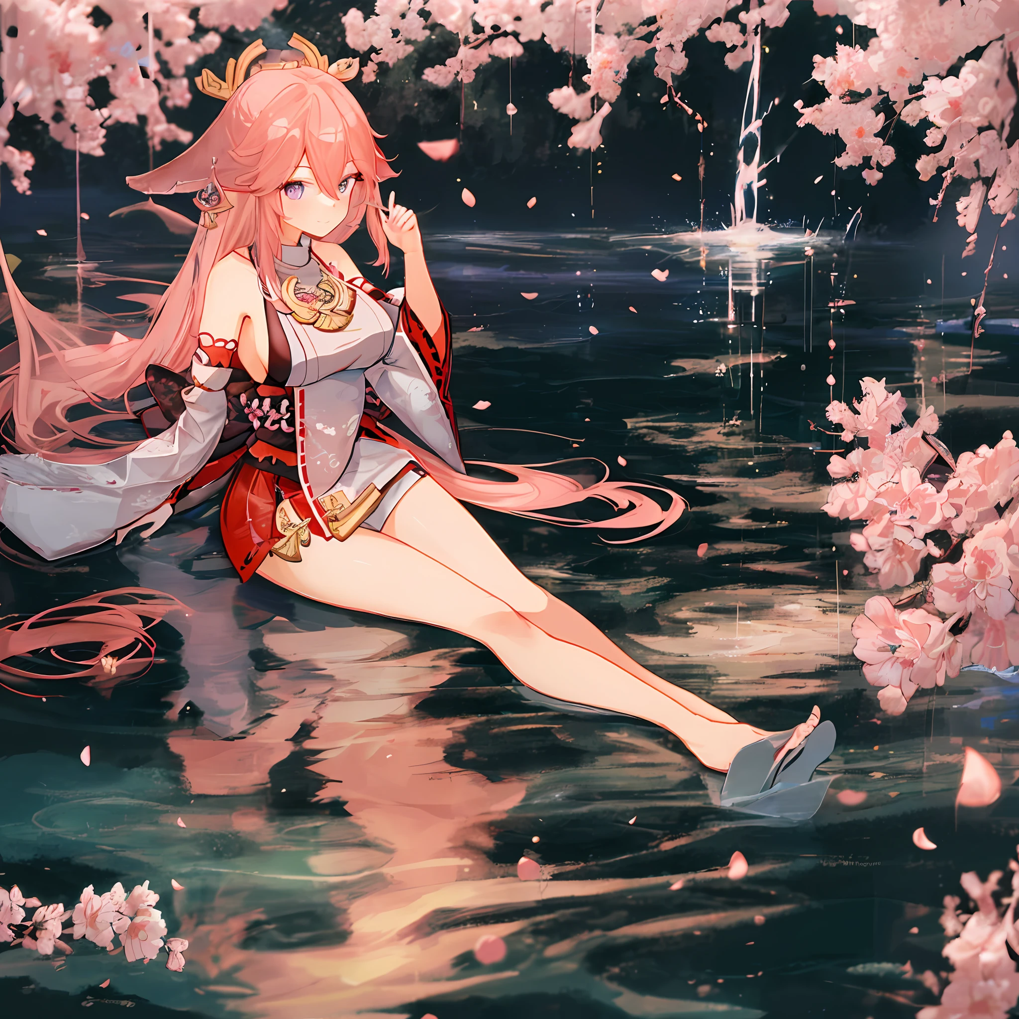 High quality, 4k, rich details, Japanese style art style, 1girl unique coquettish, kimono bare shoulder beauty, perfect display of thighs and cleavage, Yae Miko style, shrine at night, smile with a fan in hand, fox eartail and collarbone, long hair shawl emanated, soft pink long hair, sexy side breasts and fox tail, lying still on the water, peach blossom falling,