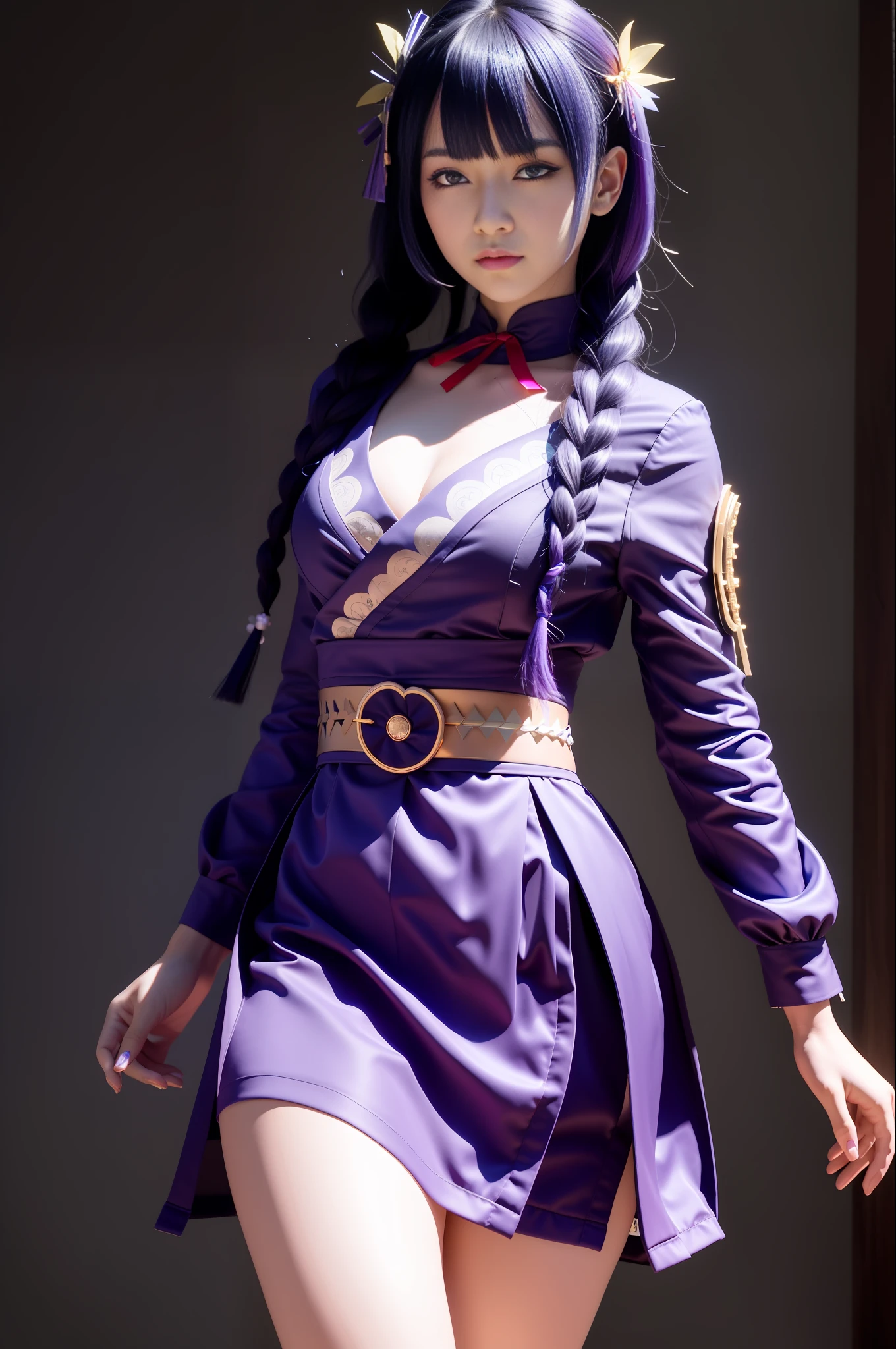 (Masterpiece, Delicate beauty pupils: 1.2), high contrast, (illustration: 1.2), 1girl, solo, (Raiden Shogun: 1.4), purple hair, purple eyes, bangs, braids, braided ponytail, large, hair accessories, Japanese clothes, kimono, belt, red belt, (detailed background: 1.4), (torii), (thighs: 1.4), volumetric lighting, super detailed, very detailed, beautiful, small details, super detailed, best quality, complex, sharp, digital illustration, detailed, realism, intricate, 4k, 8k, artstation On trend, good anatomy, beautiful lighting, award-winning, high resolution, (very detailed CG, unity, 8k wallpaper: 1.1), beautiful face, highly detailed face, zoomed, colorful, bright colors, nail polish, (glow: 1.4)