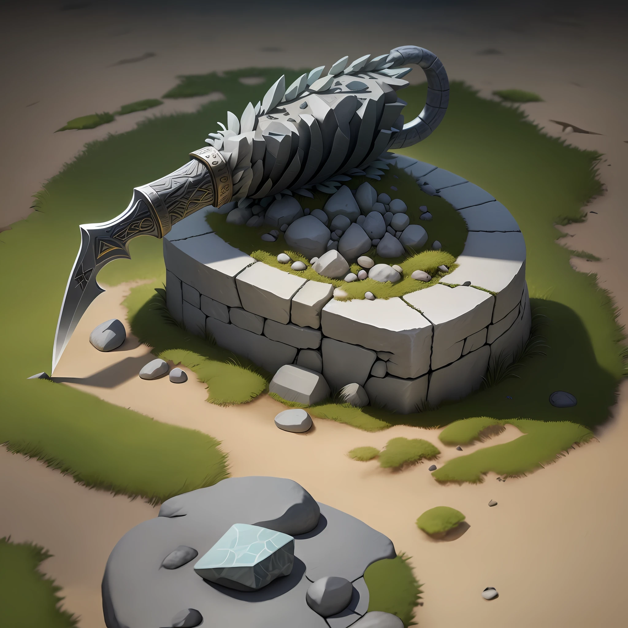 Top view, Installation of King Arthur's sword in stone, anthill under the stoneSkin and feathers, pieces of grass, shards of metal and scales of fish, sand, small pebbles, white lush mold, black background, extremely detailed CG unity 8k wallpaper, extremely CG, photography