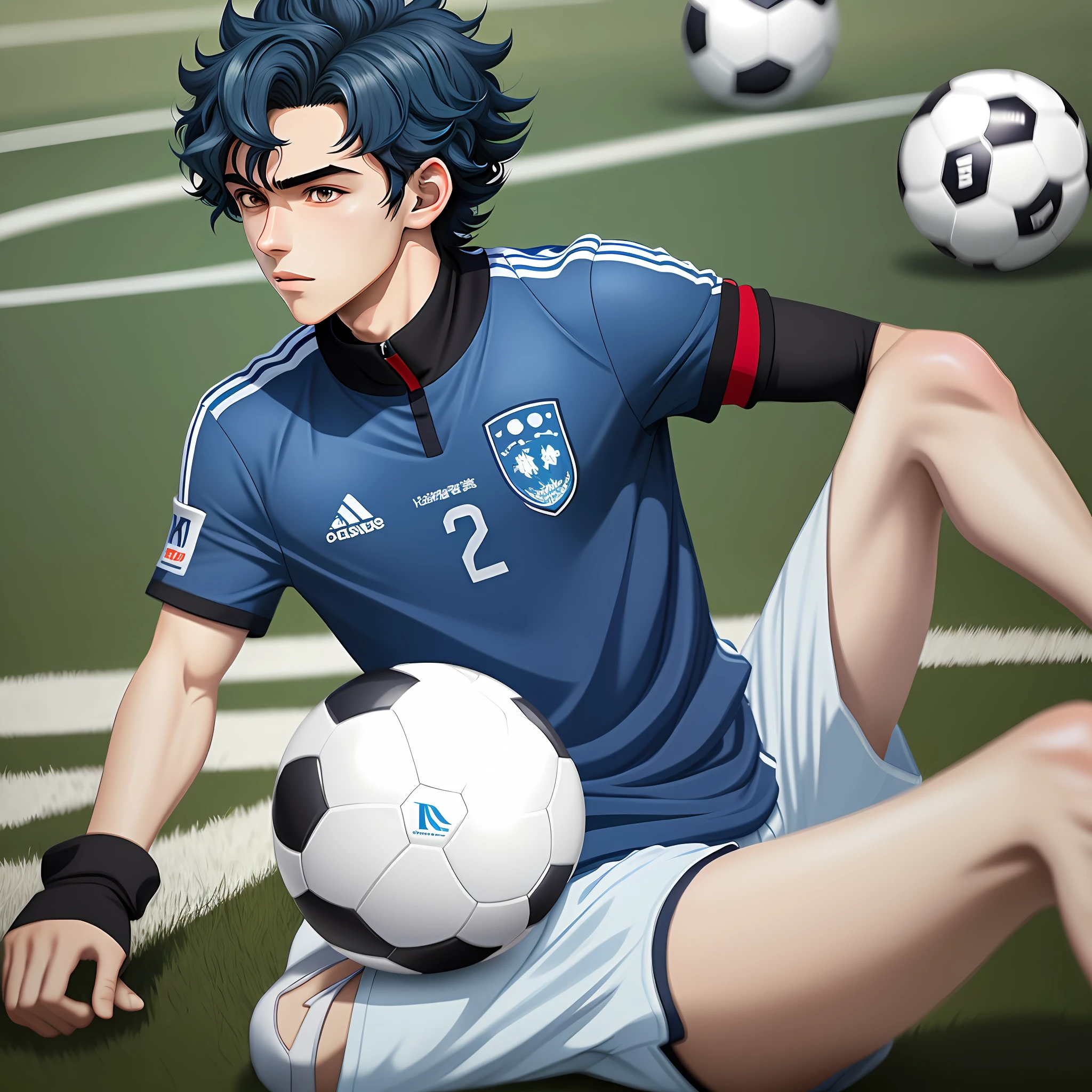2d illustration portrait in (anime style) of a 1player soccer boy short curly hair blue color 18 year old appearance thin lips, pale skin, soccer field