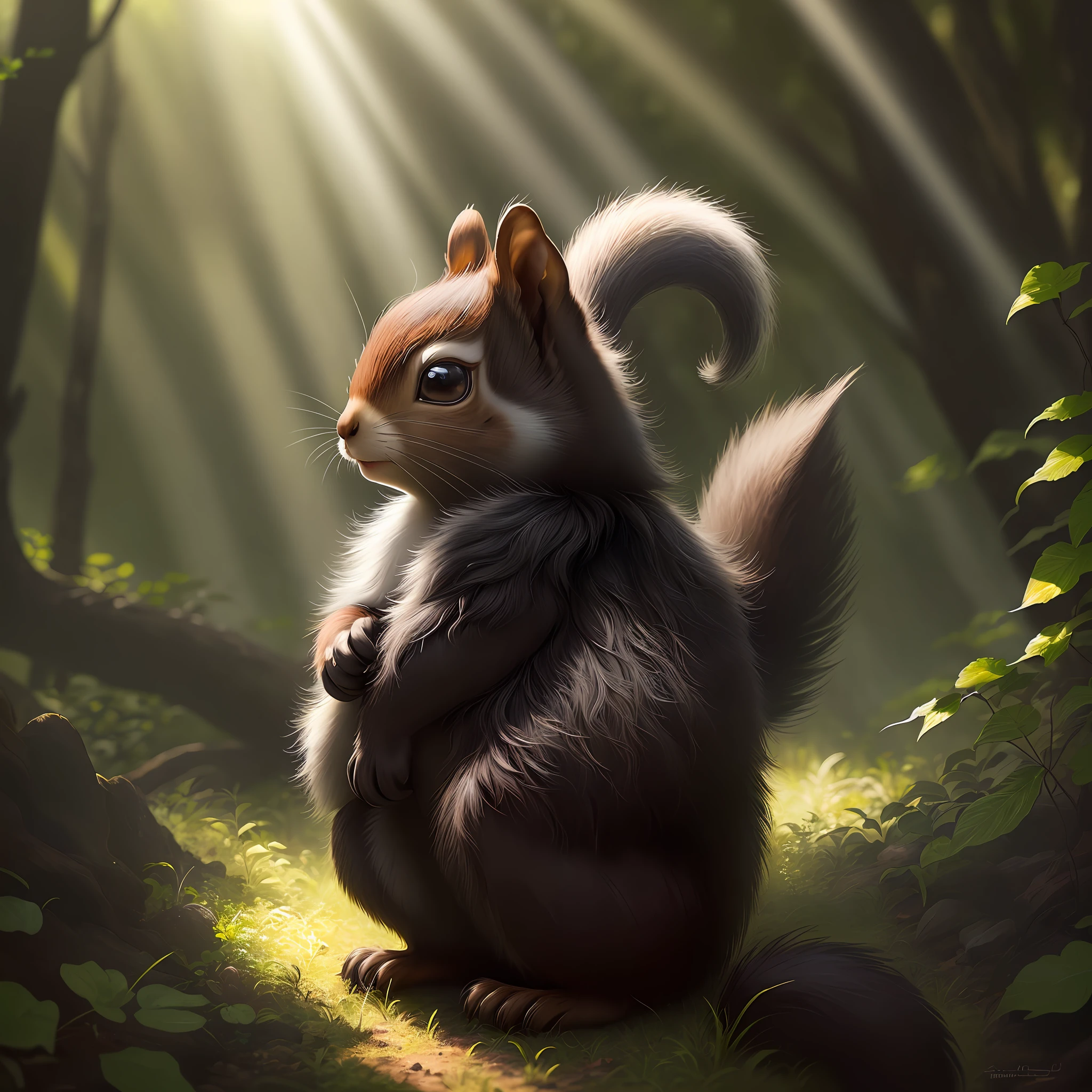 Squirrel, black fur (detailed a lot of hairs), ears with tassels, tail, paws, dark forest, foliage, sun rays, realism, fantasy, 4kk