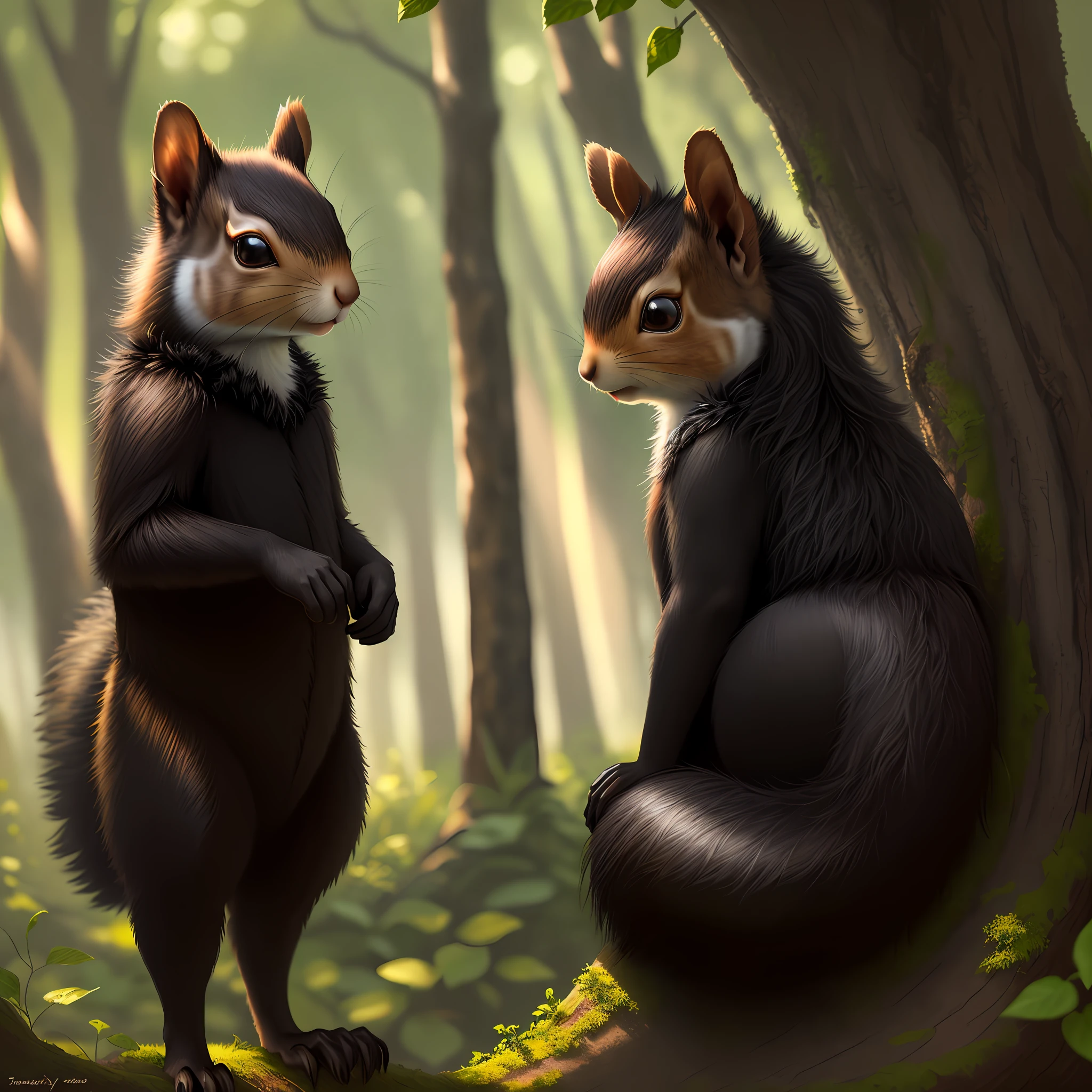 Squirrel, black fur (detailed a lot of hairs), ears with tassels, tail, paws, dark forest, foliage, sun rays, realism, fantasy, 4kk