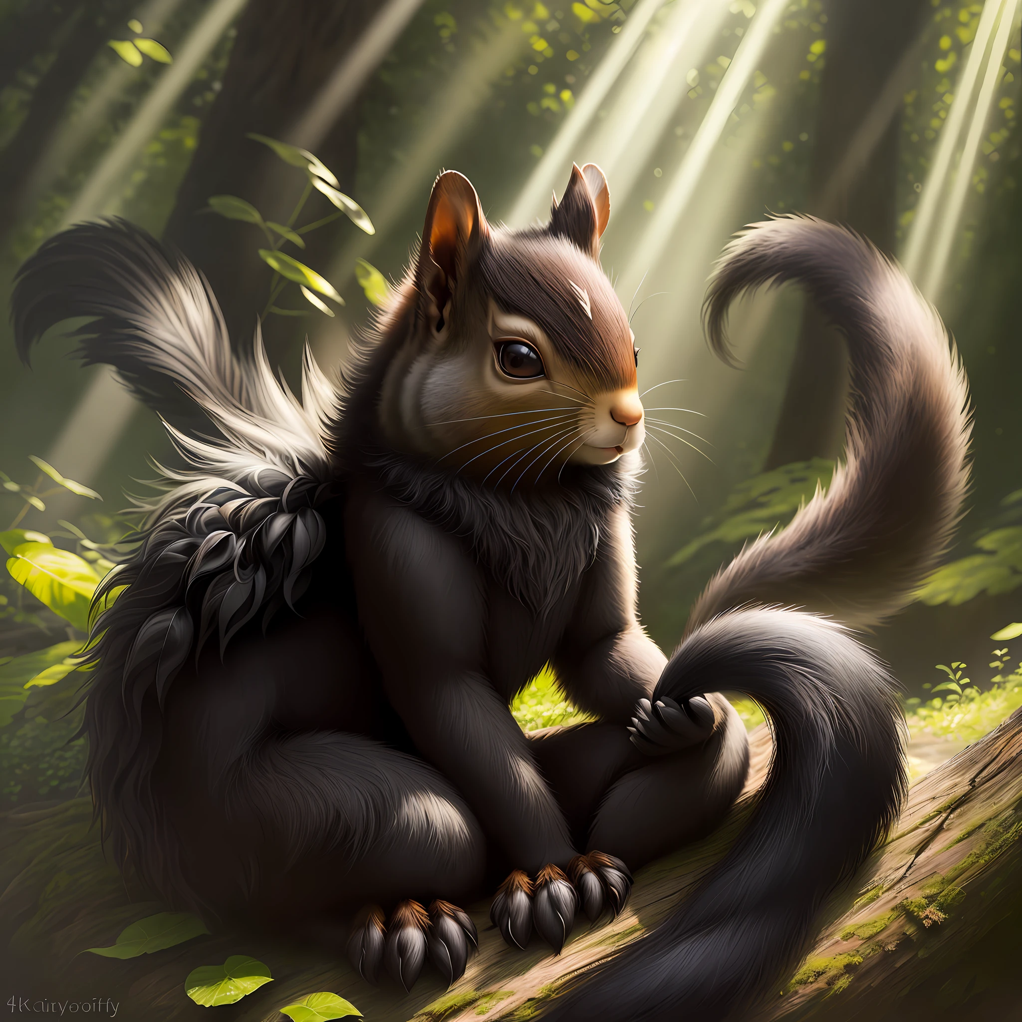 Squirrel, black fur (detailed a lot of hairs), ears with tassels, tail, paws, dark forest, foliage, sun rays, realism, fantasy, 4kk