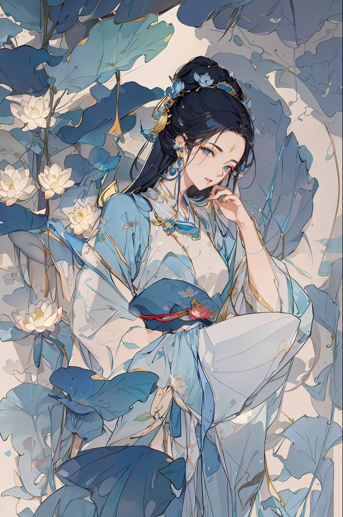 Ancient Chinese beauty sitting on stone, wearing ancient Chinese costume, flowing blue tulle, light silk, lazy pose, large lotus leaves, lotus flowers, ink painting style, clean colors, decisive cutting, white space, freehand, masterpiece, super detailed, epic composition, high quality, highest quality, 4k --v 6