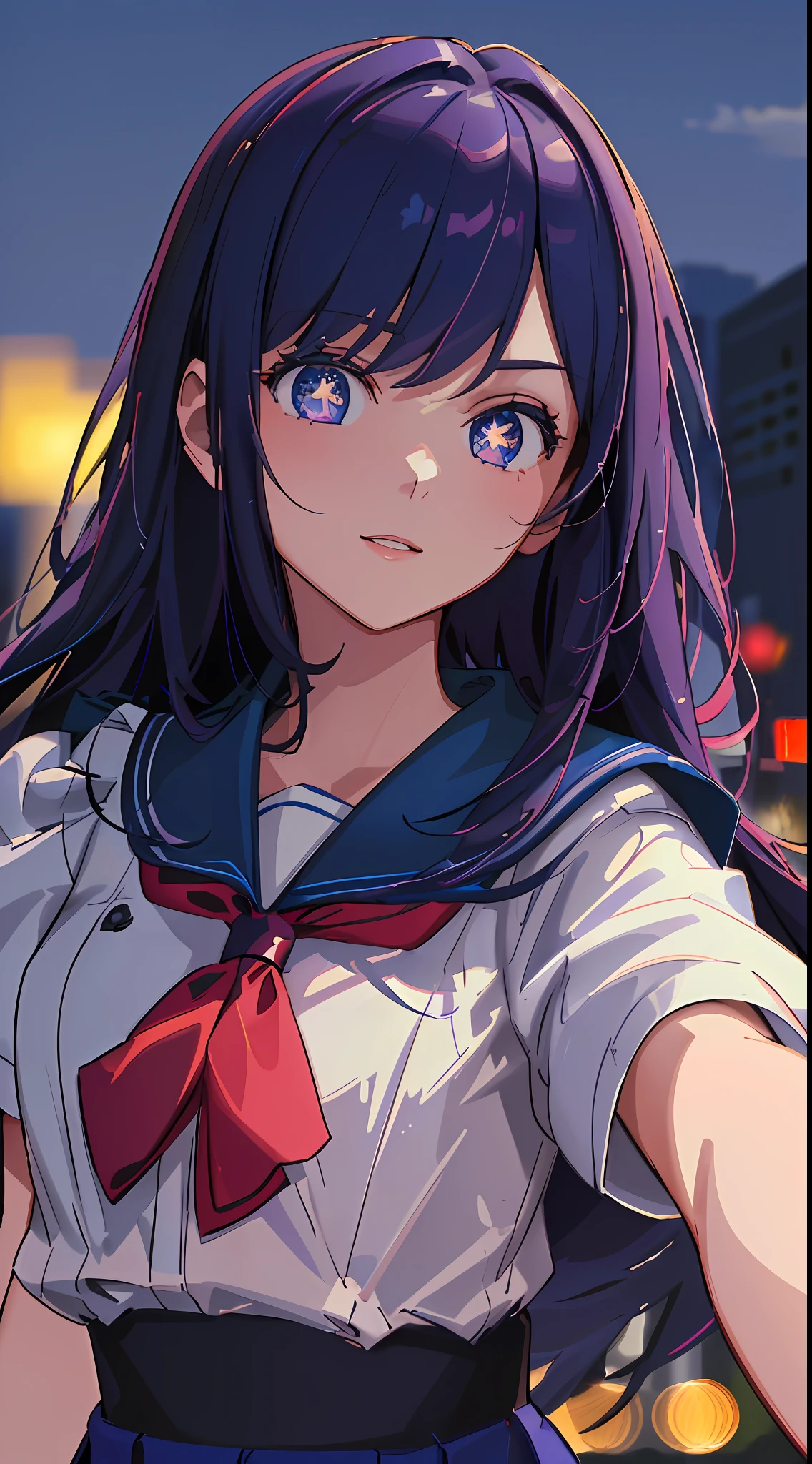 (((masterpiece: 1.5, best quality, high resolution: 1.3, super resolution, super detailed, ultra detailed:1.3, rich background:1.2))), ((face close up)), 1girl, solo, school uniform, white serafuku, red sailor collar, short sleeves, blue pleated skirt, (outdoor), ((downtown)), (crowd), ((japan vibes: 1.3)), scenery, ((nighttime)), dark, (lowlight: 1.1), moon, (moonlight: 1.2), ((dynamic light: 1.4)), (bokeh:1.2)