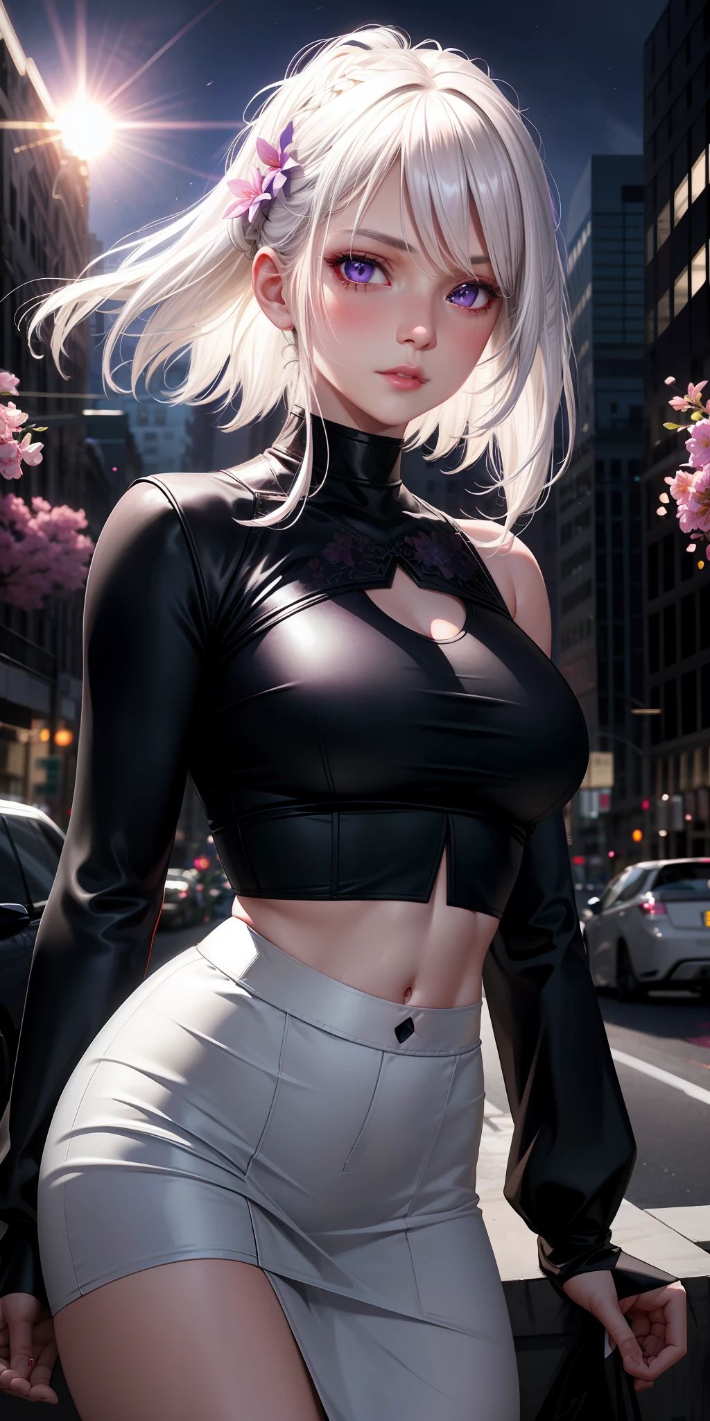 realistic, 1girl, white hair, purple eyes, glowing eyes, crop top, skirt, parted lips, blush, night, flowers, sun, sunlight,