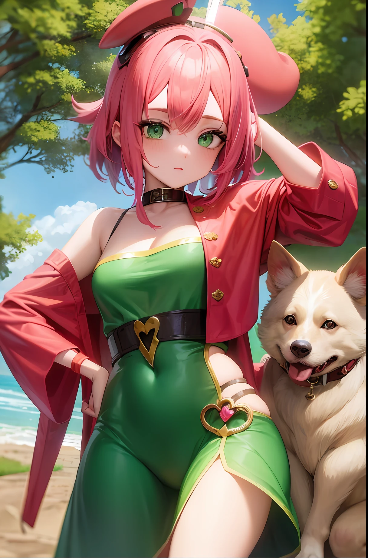 a maromba, green-eyed dog with pink hair holding a sword, humanoid, dog Man,