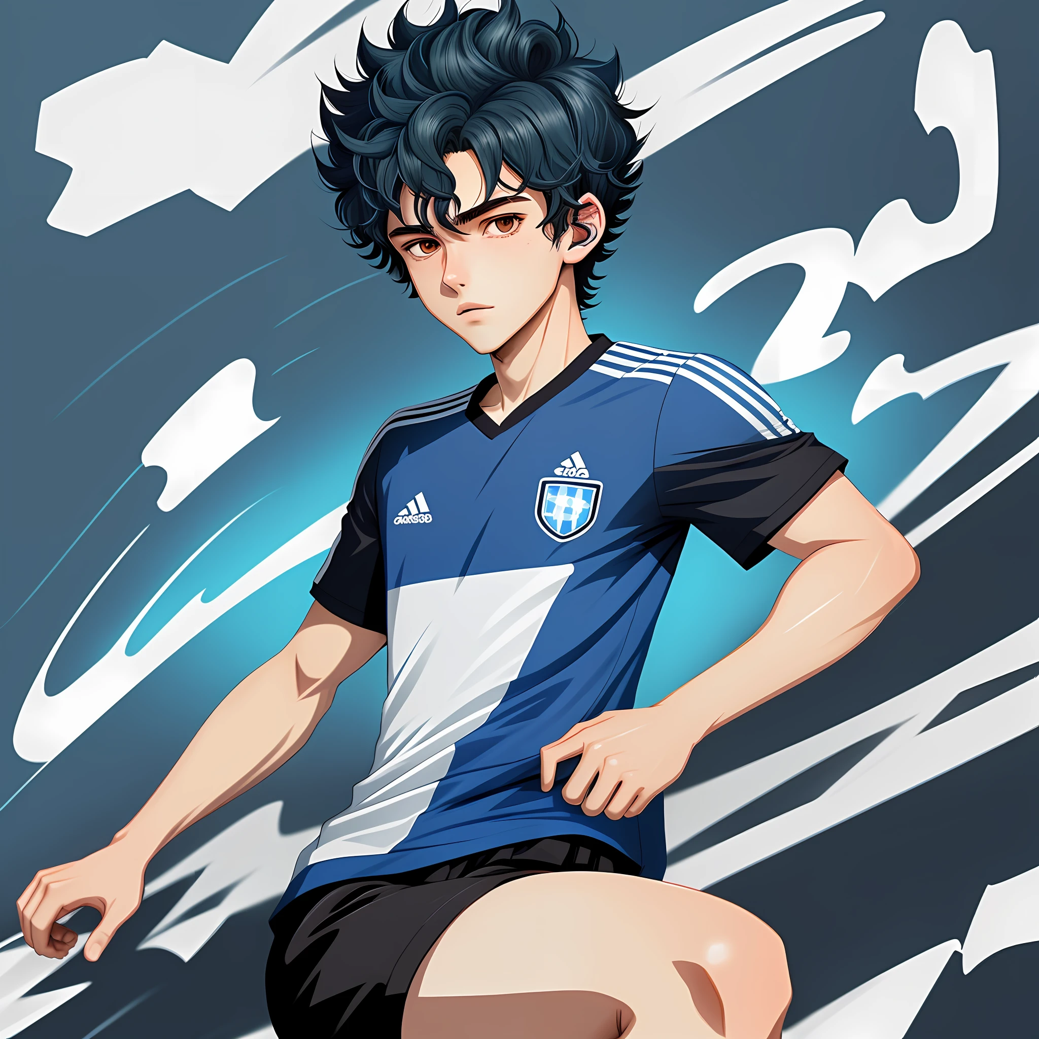 2d illustration portrait in (anime style) of a 1player soccer boy short curly hair blue color 18 year old appearance thin lips, pale skin, soccer field