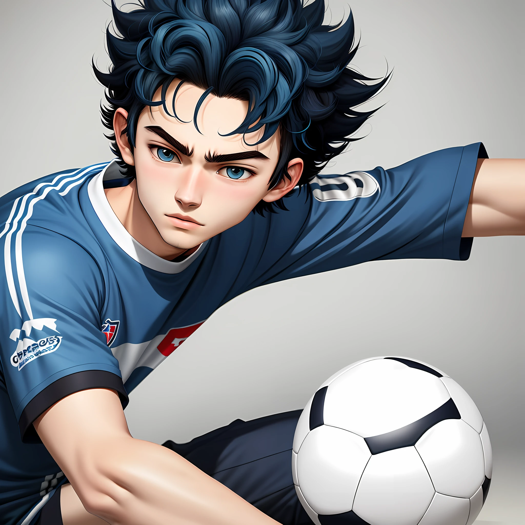 2d illustration portrait in (anime style) of a 1player soccer boy short curly hair blue color 18 year old appearance thin lips, pale skin, soccer field