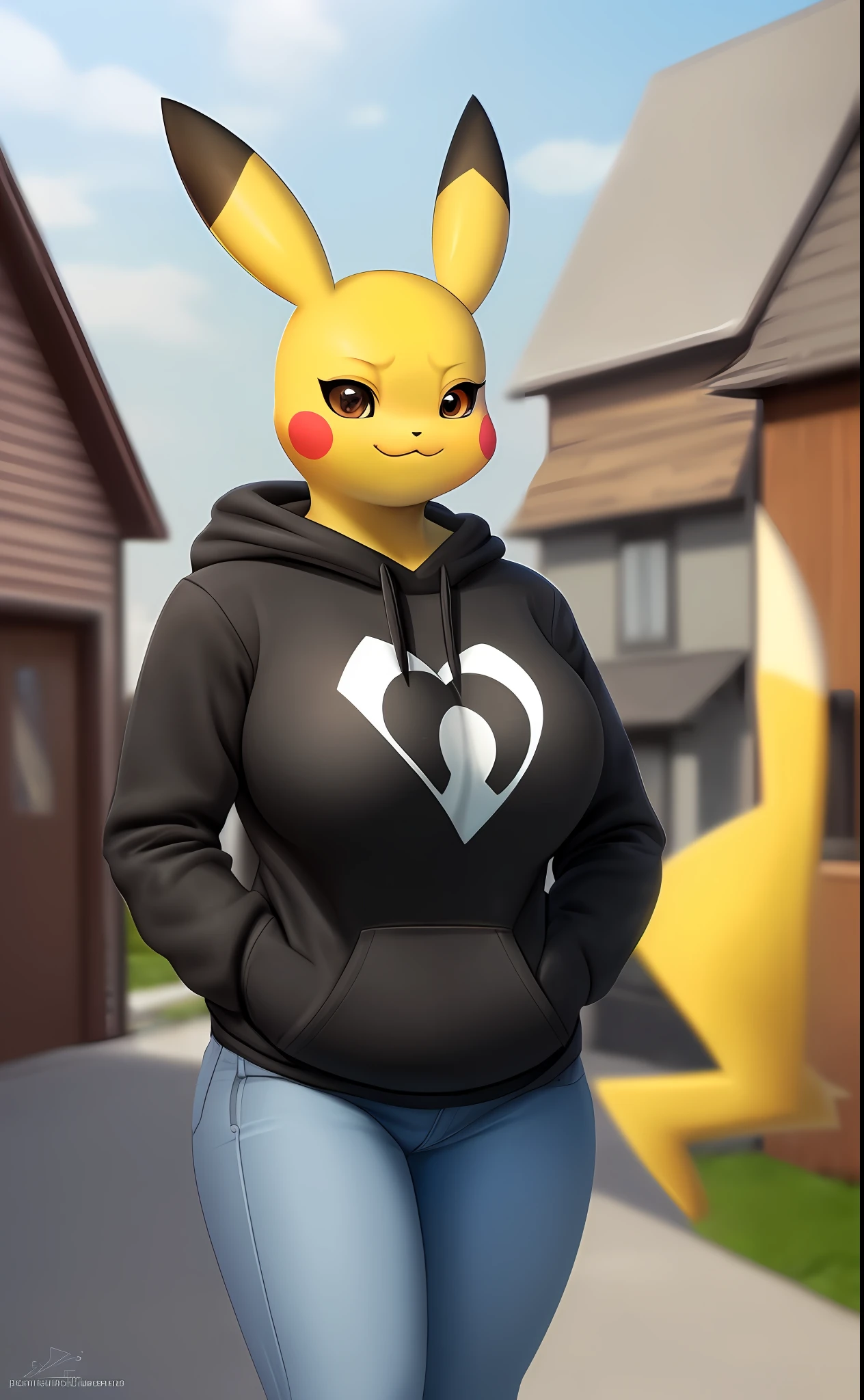 Pikachu, (((masterpiece))), ((high resolution)), ((detailed portrait)), ((looking at viewer)), long yellow pointed ears, (yellow pikachu ears with black tips), brown clear eyes, yellow body, female body, yellow thunderbolt-shaped tail with black heart-shaped tip, large boobs, blue sweatshirt, denim skintight jeans, hands in pockets, smug grin (mouth closed), half closed eyes (short eyelashes), :3, black triangle nose, ((simple detailed background, outside daytime (urban, in front on house)))