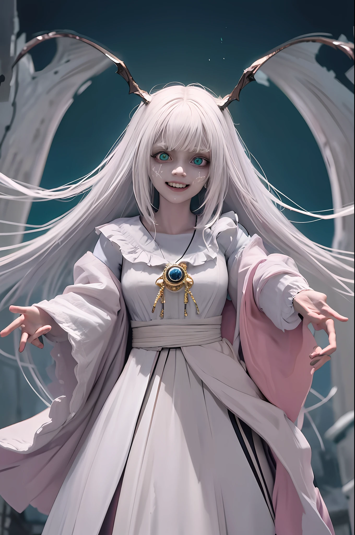 (8k, RAW photo:1.2), (soft focus:1.4), solo, creepy, baphomet zombie woman, (bright: 0.7) jade eyes, bright colors, pale white skin, messy and unwashed white hair, body wounds, half-skull face, in action, (bad: 1.4), (crazy look), (laughs), reaches out to the viewer, pale pink arteries, dressed in a magical sukajan with bright runes, magical effects, ultra detailed fantasy graveyard environment, slate atmosphere, cinematic, faded colors, dark photo, muted colors, grainy film, lut, insane details, intricate details,