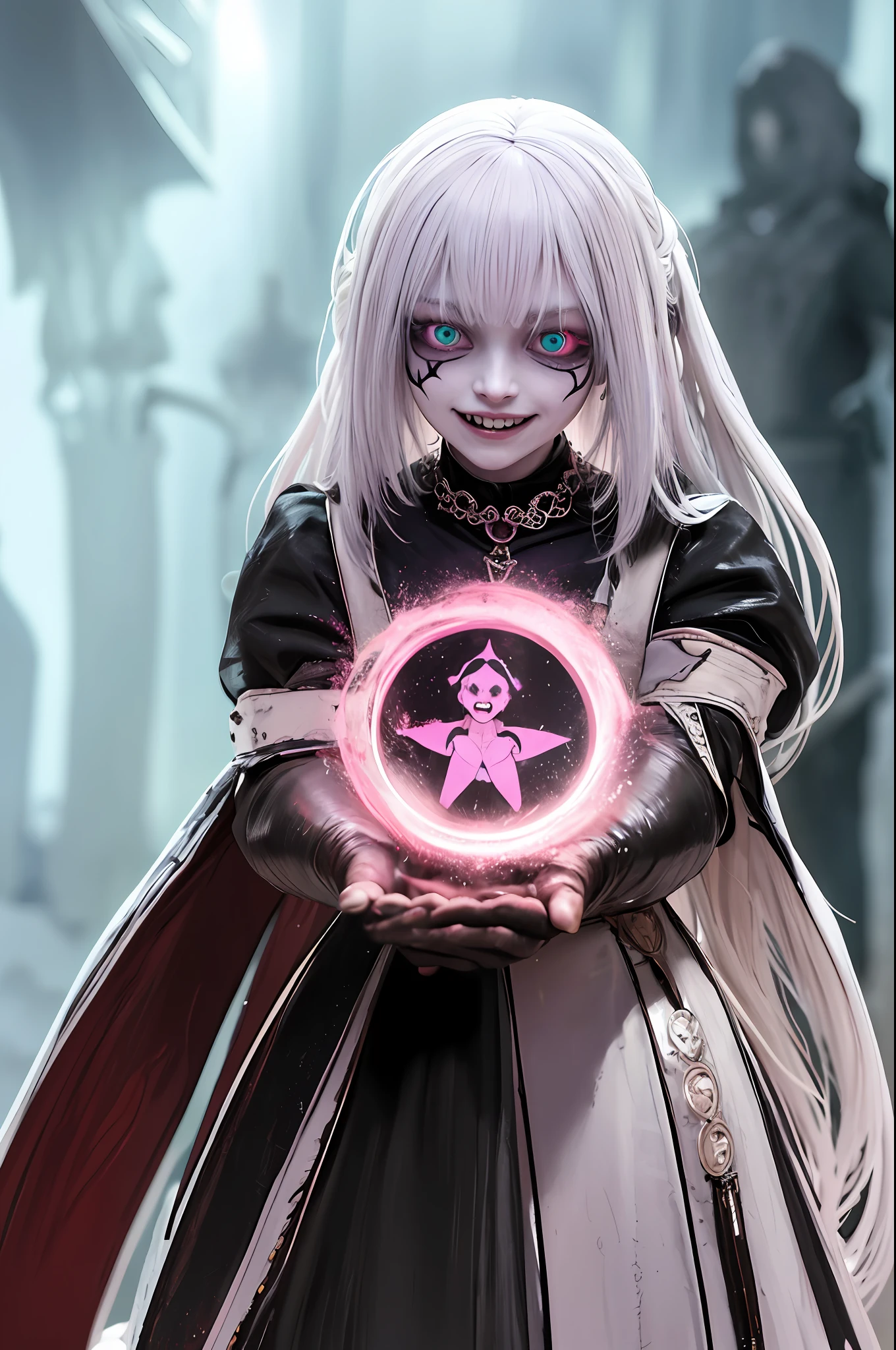 (8k, RAW photo:1.2), (soft focus:1.4), solo, creepy, baphomet zombie woman, (bright: 0.7) jade eyes, bright colors, pale white skin, messy and unwashed white hair, body wounds, half-skull face, in action, (bad: 1.4), (crazy look), (laughs), reaches out to the viewer, pale pink arteries, dressed in a magical sukajan with bright runes, magical effects, ultra detailed fantasy graveyard environment, slate atmosphere, cinematic, faded colors, dark photo, muted colors, grainy film, lut, insane details, intricate details,