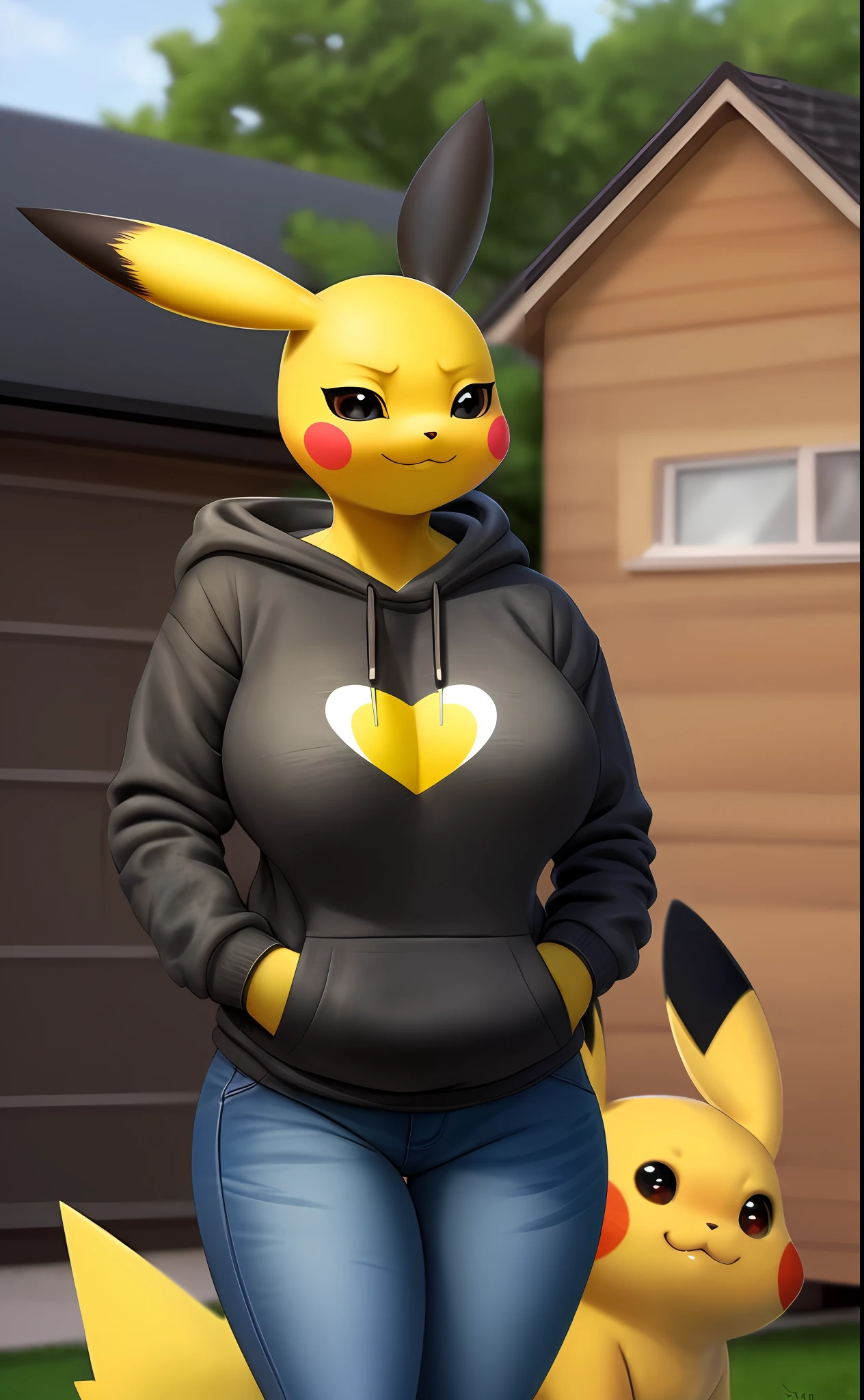Pikachu, (((masterpiece))), ((high resolution)), ((detailed portrait)), ((looking at viewer)), long yellow pointed ears, (yellow pikachu ears with black tips), brown clear eyes, yellow body, female body, yellow thunderbolt-shaped tail with black heart-shaped tip, large boobs, blue sweatshirt, denim skintight jeans, hands in pockets, smug grin (mouth closed), half closed eyes (short eyelashes), :3, black triangle nose, ((simple detailed background, outside daytime (urban, in front on house)))